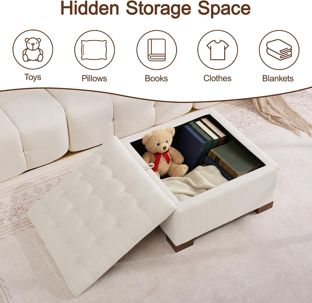 WUTUTUEE 30' Fabric Square Storage Ottoman with Wooden Tray, Modern Tufted Button Footstool Coffee Table, Upholstered Large Ottoman for Living Room, Bedroom, Beige