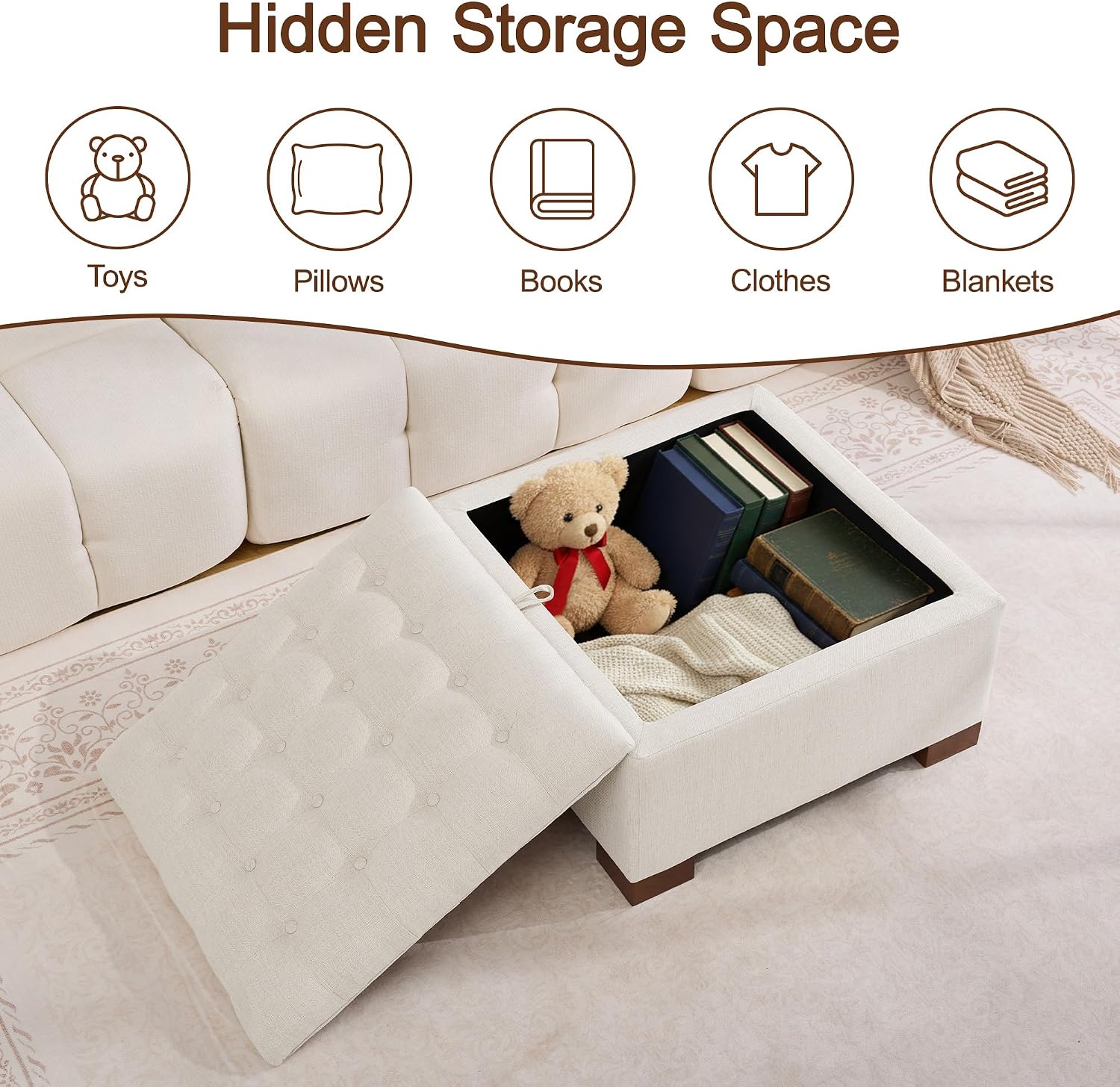 WUTUTUEE 30' Fabric Square Storage Ottoman with Wooden Tray, Modern Tufted Button Footstool Coffee Table, Upholstered Large Ottoman for Living Room, Bedroom, Beige