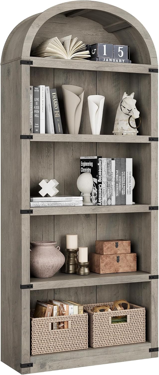 5-Tier Arched Bookcase – 71.65' Tall Farmhouse Wooden Bookshelf with Modern Black Wood Grain, Display Storage Shelf for Living Room, Office, Bedroom – Metal Corner Protection,Grey
