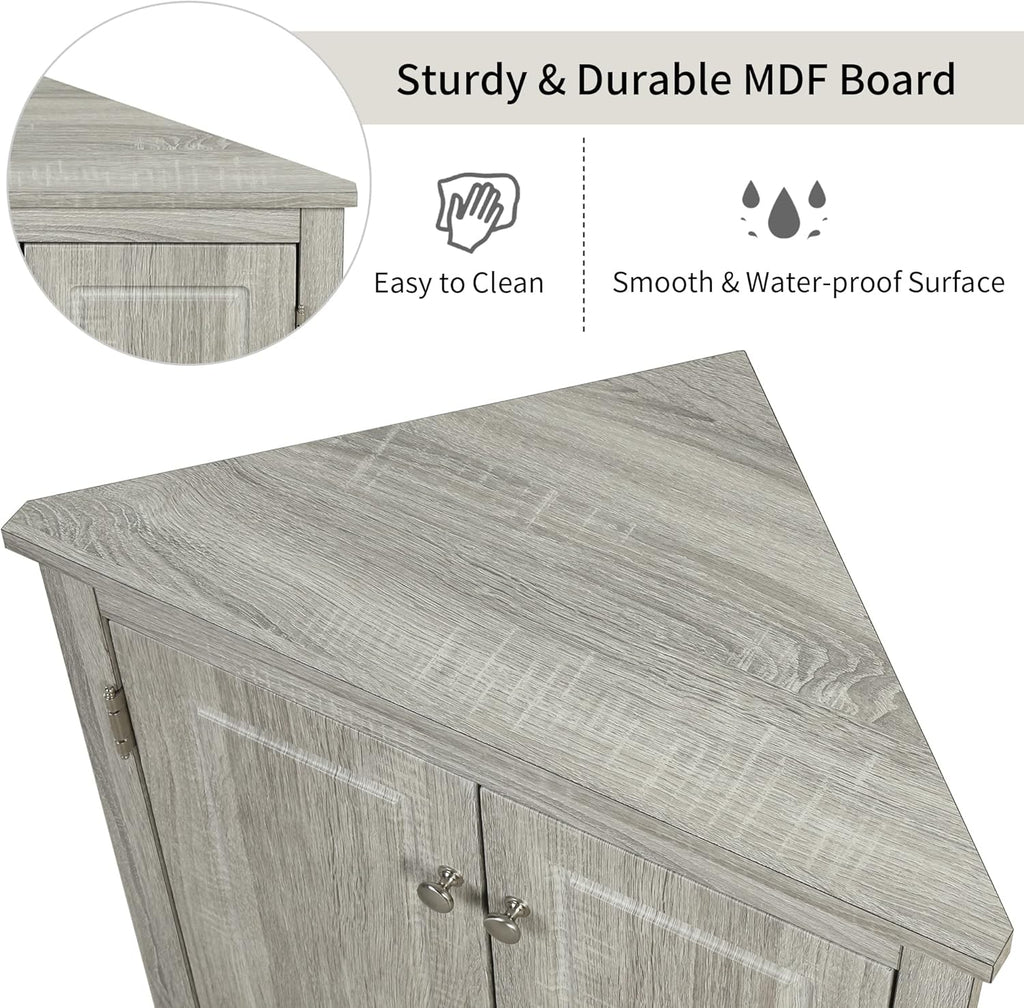 Knocbel 31.5' Height Corner Floor Storage Cabinet with Brushed Nickel Knobs, 2 Doors and Adjustable Shelves, Bathroom Pantry Corridor Free Standing Triangle Organizer Unit (Oak)