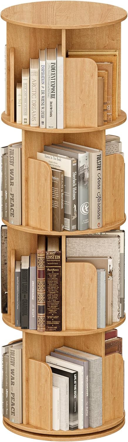 VDNEND Wooden 4 Tier Rotating Bookshelf, Spinning Bookshelf Tower,Modern Revolving Small Bookcase for Corner,Living Room,Bedroom (Natural Oak, 4-Tier)