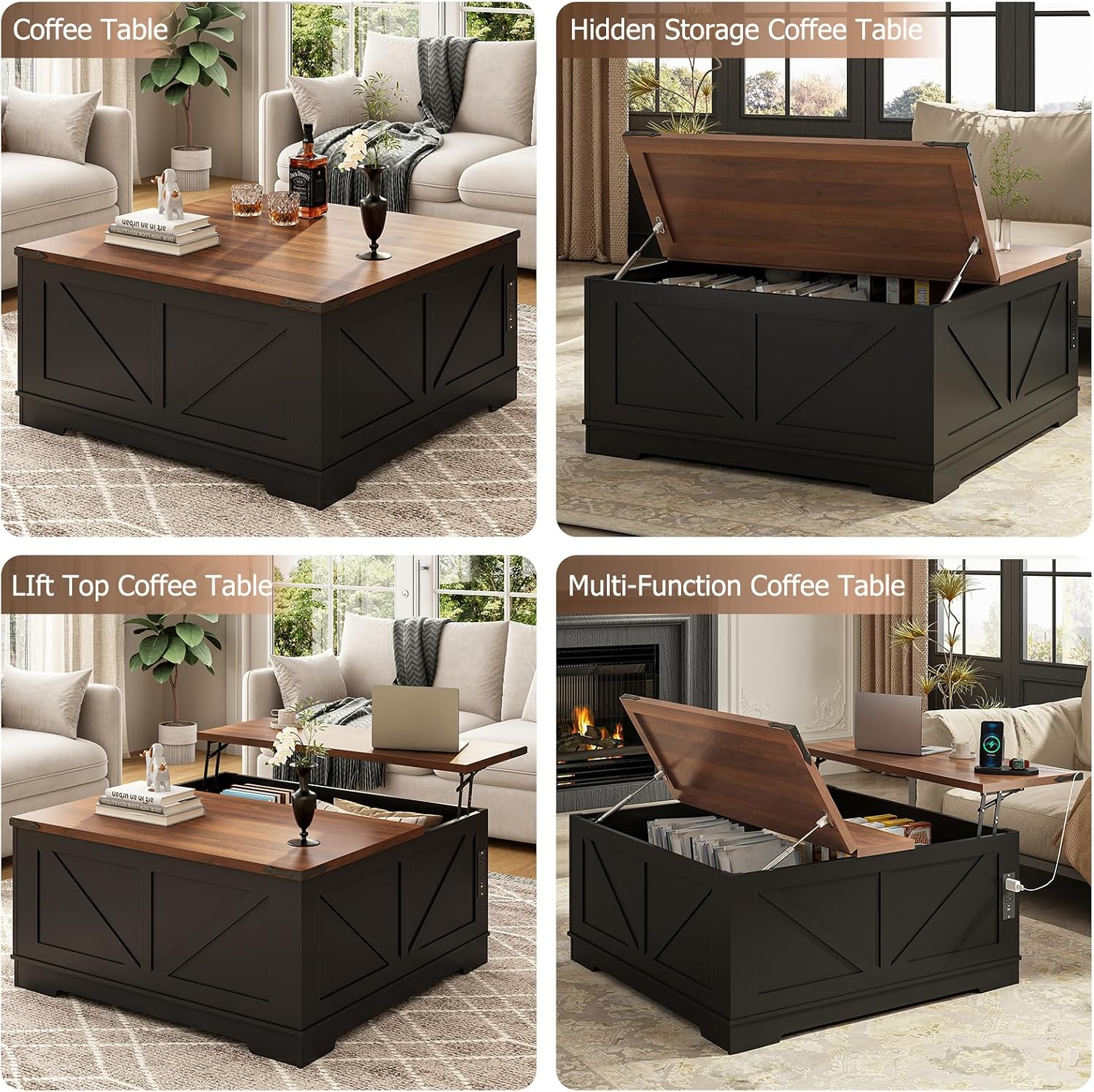 EAG 40' Large Farmhouse Lift Top Coffee Table with Hidden Compartment & Power Outlets, Square Wooden Coffee Table with Multi-Function Flip-Top Ample Storage Center Table for Living Room, Black