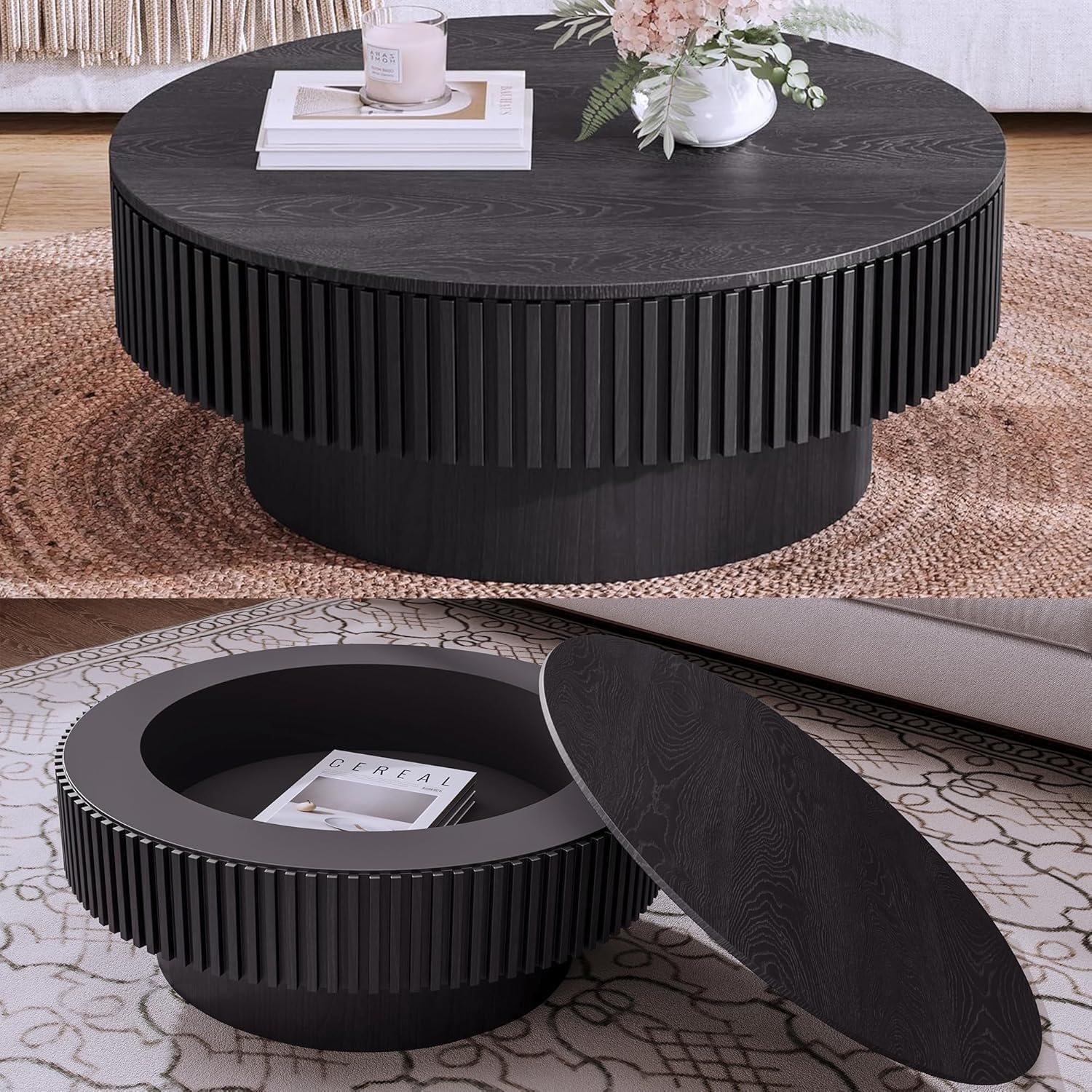 JUSTONE 31.5' Round Coffee Table,Farmhouse Wood Coffee Table with Storage for LivingRoom,Apartment,Office,Black