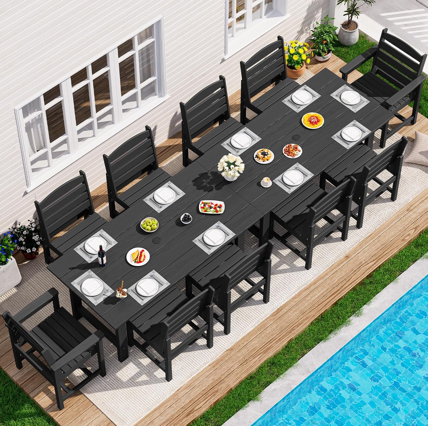 SERWALL Patio Dining Sets for 10 Person, HDPE Dining Set with 2 Tables, 8 Armless Chairs and 2 Armed Dining Chairs, Black
