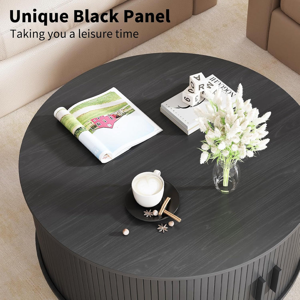 31.5 Inch Round Coffee Table, Fluted Coffee Tables with Storage, Mid-Century Modern Center Tables, Living Room Table with Sliding Door and Wood Handle for Living Room, Black