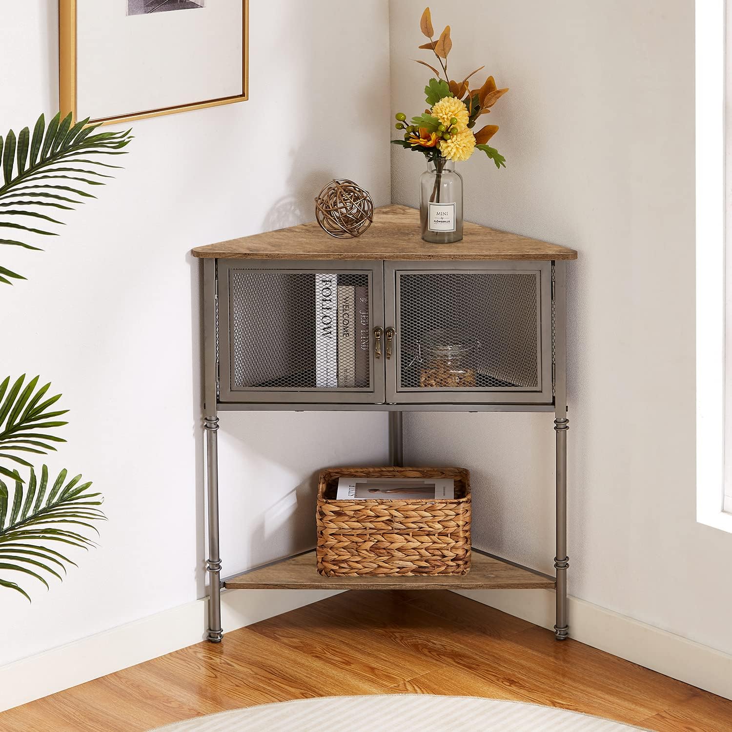 VECELO 3-Tier Corner Shelf with Storage Cabinet, 29' Tall Multiple Purpose Free Standing Shelves Organizer for Small Spaces, Living Room, Bedroom, Kitchen, Balcony, Set of 2, Grey