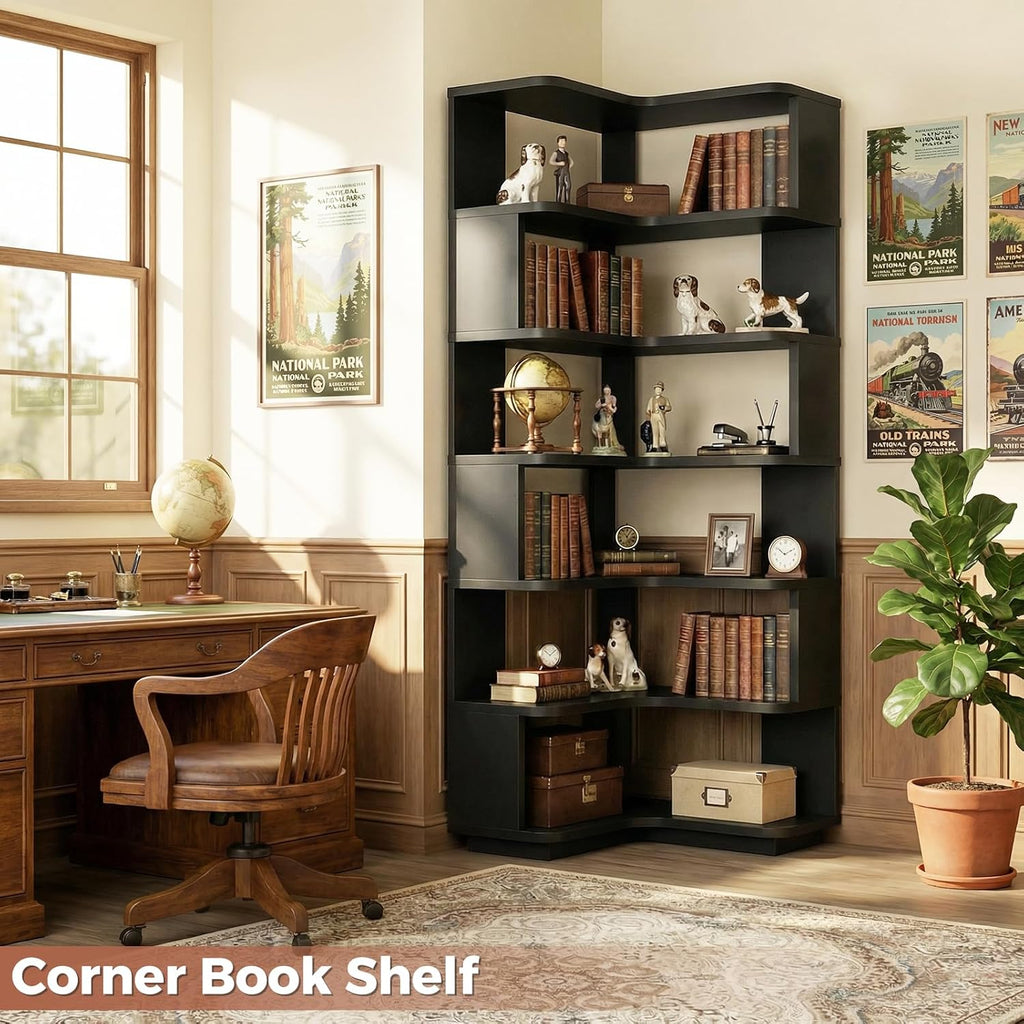 Besiost Corner Book Shelf, 7-Shelf Corner Bookshelf for Small Corner Spaces, L-Shape Bookcase Corner Display Shelf for Home Office, Living Room, Bedroom, Kitchen Pantry, Black