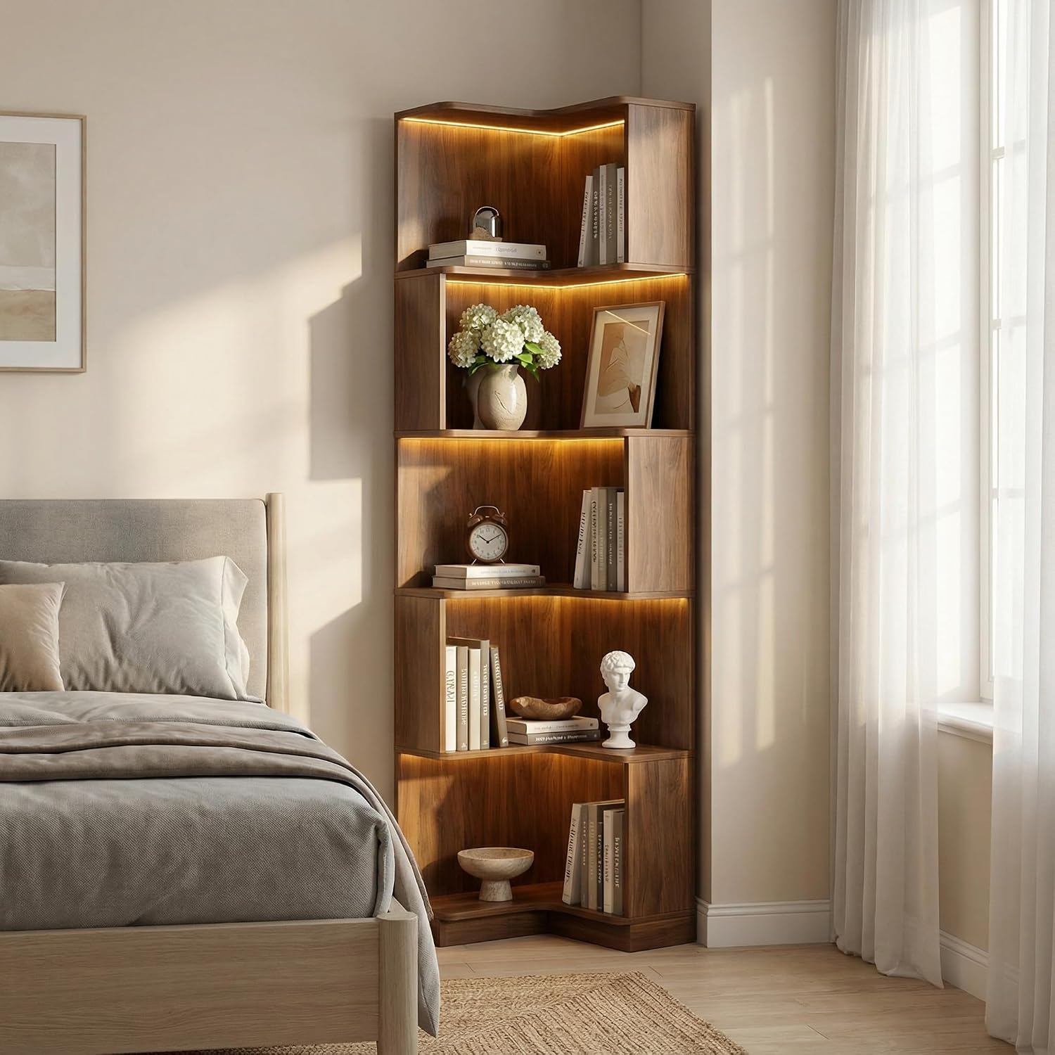 Corner Bookshelf, 5 Tier Tall Corner Bookcase with LED Lights, Freestanding L Shaped Open Display Shelf for Living Room, Bedroom, Home Office (Walnut)