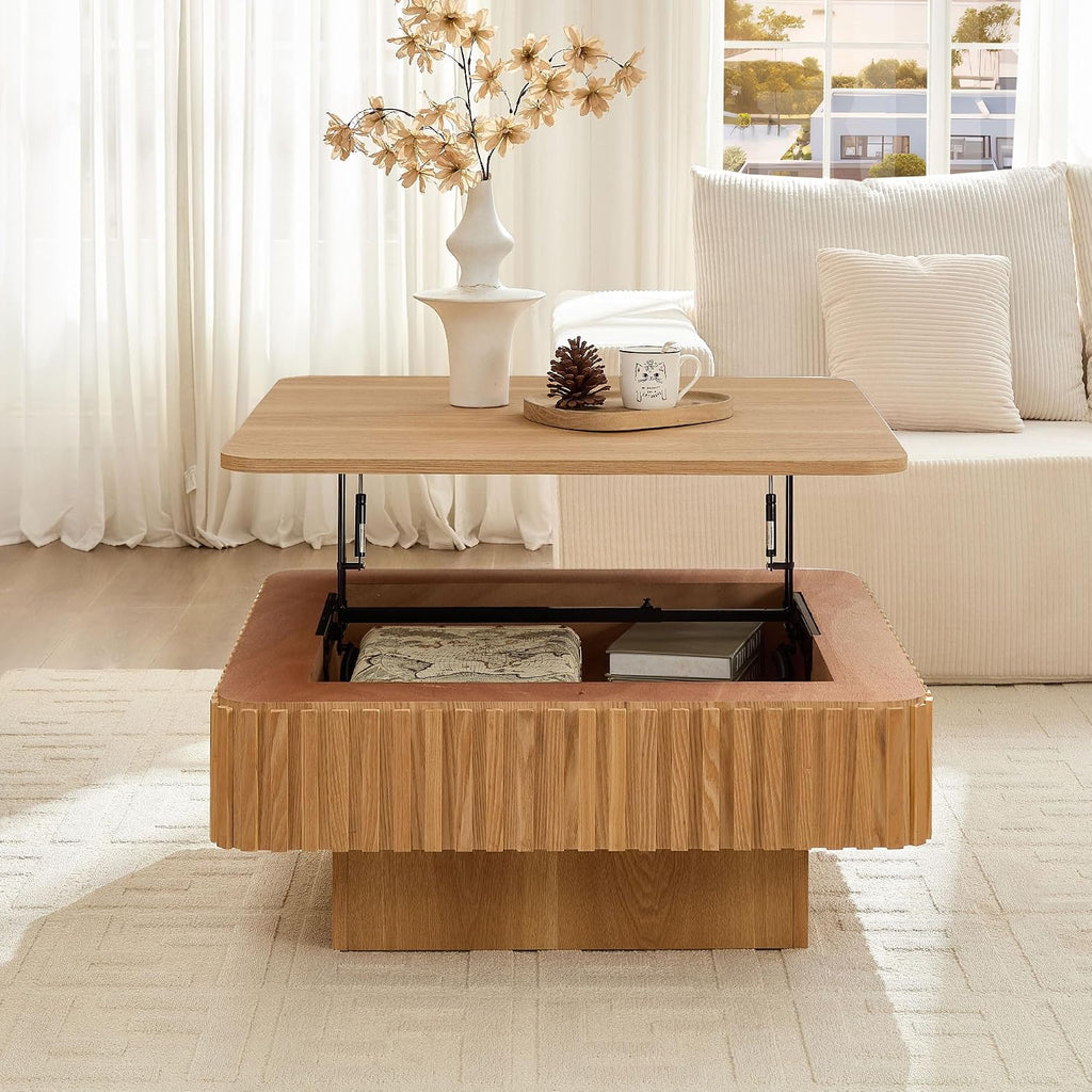 Lift Top Coffee Table Modern Handcraft Drum Coffee Table Table with Hidden Storage Space, Square Center Table for Living Room Apartment, Oak