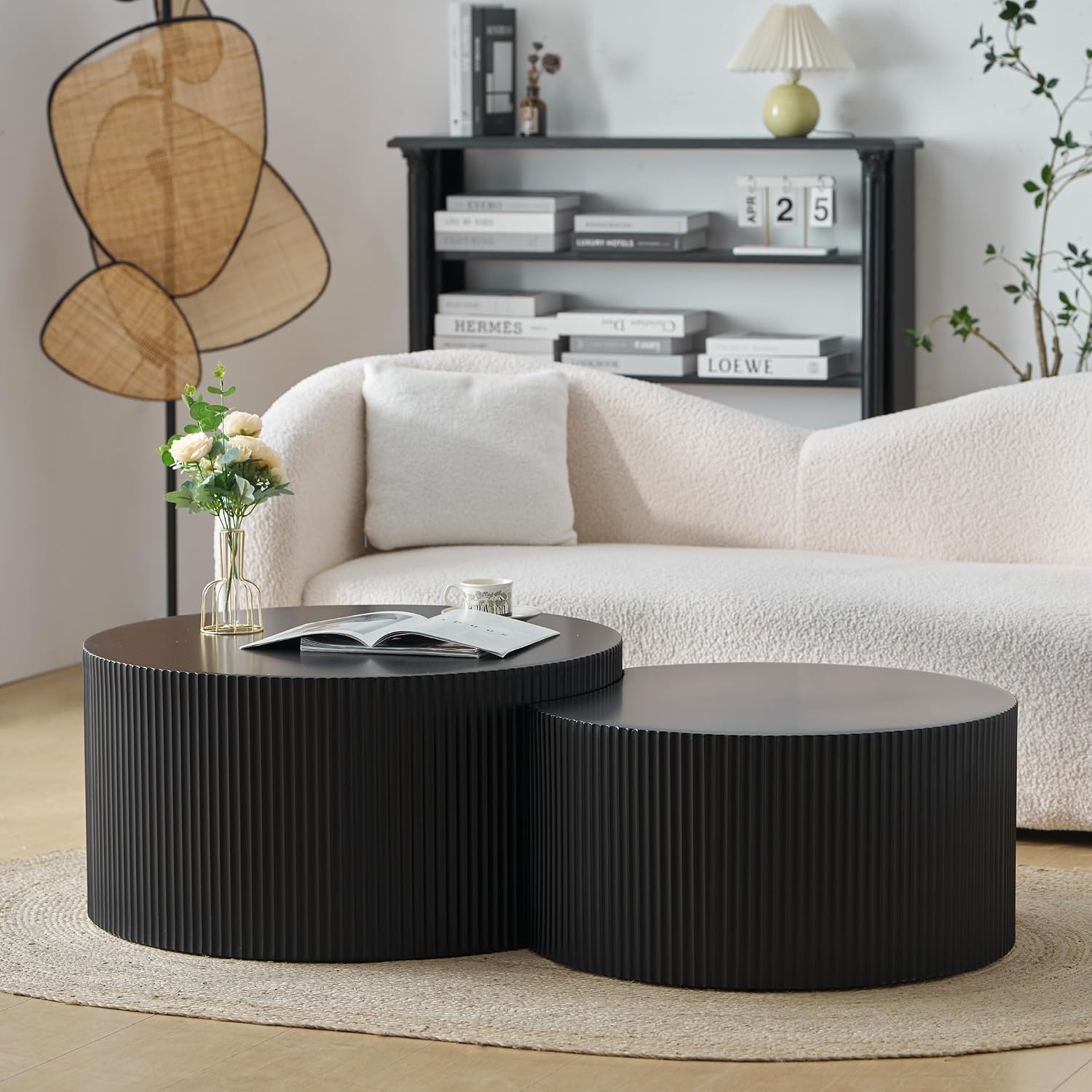 Nesting Coffee Table Set of 2, Modern Drum Side Table End Table, Wave Stripe Round Coffee Table for Living Room, Bedroom, Black-02