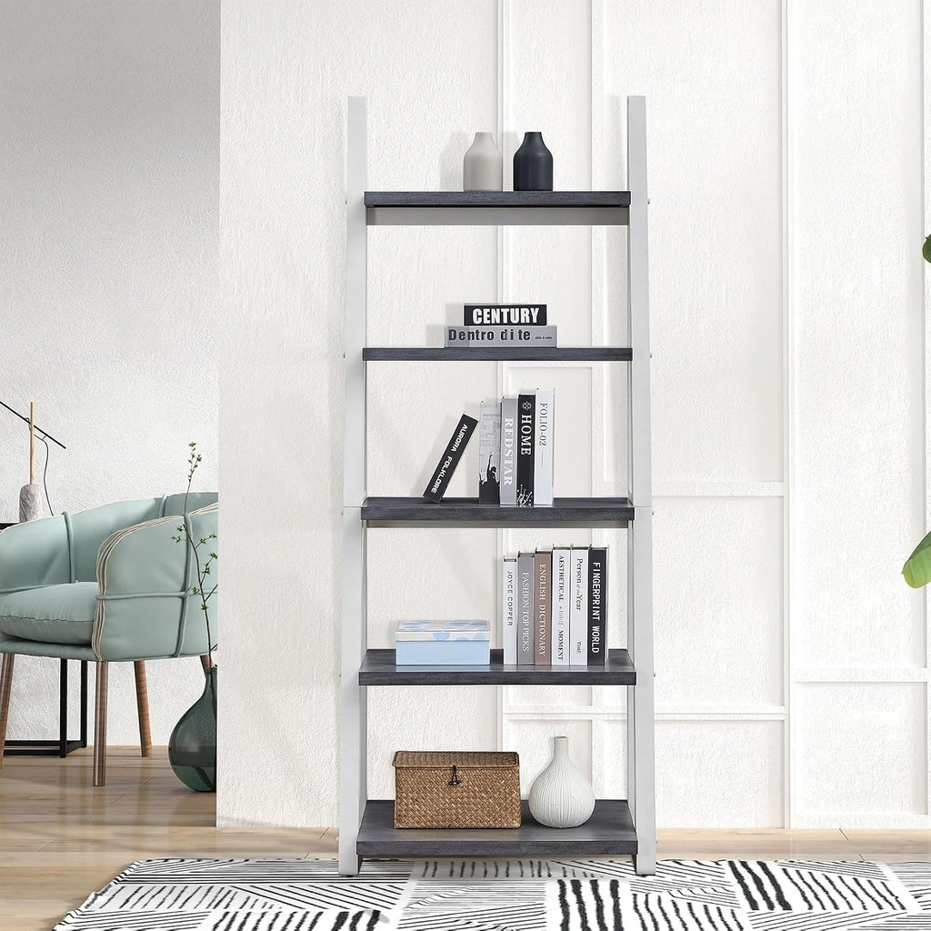 Ladder Shelf, 5-Tier Bookshelf Bookcase, Freestanding Corner Storage Shelves with Wood Frame for Home Office, Living Room, Kitchen, Bedroom, Grey+White