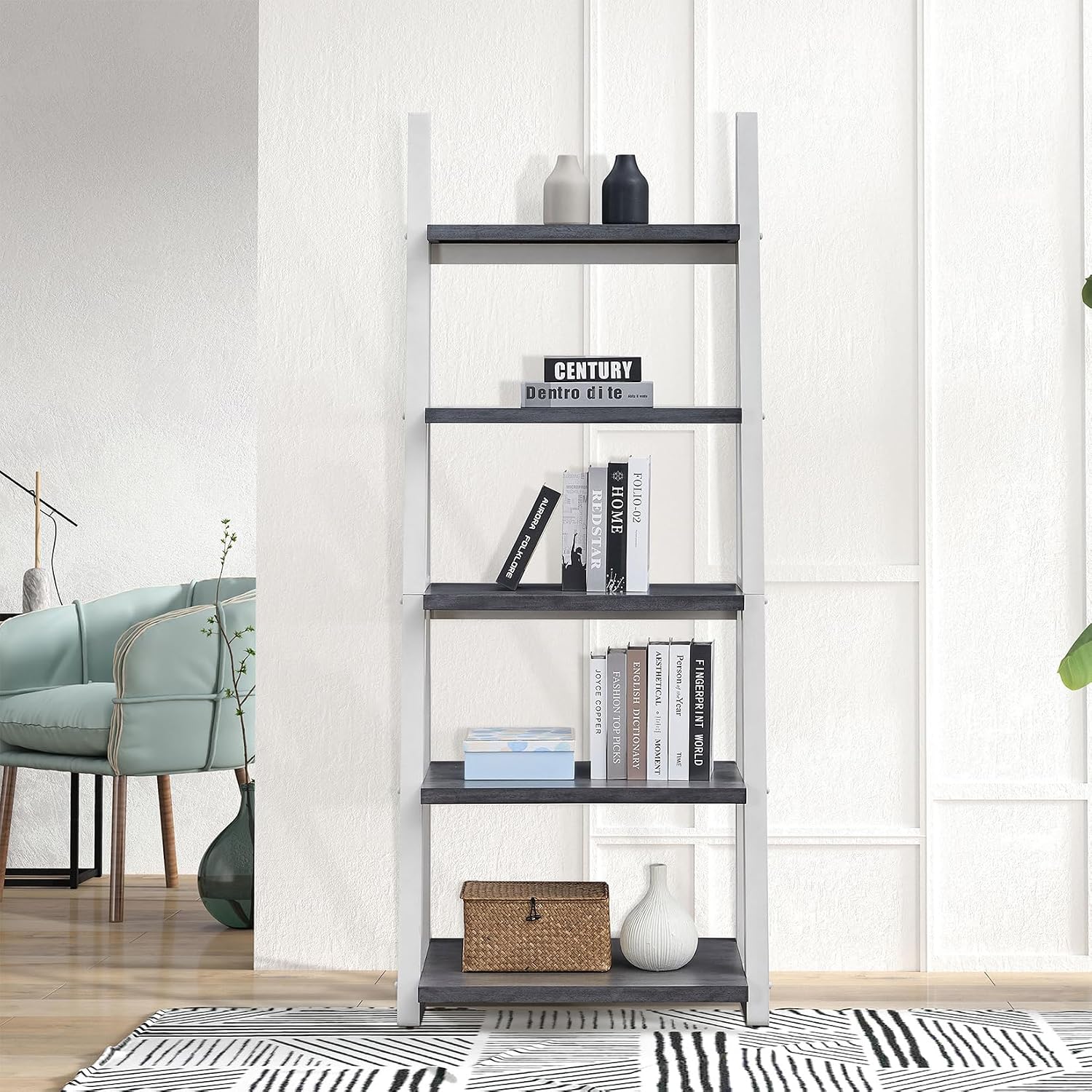 Ladder Shelf, 5-Tier Bookshelf Bookcase, Freestanding Corner Storage Shelves with Wood Frame for Home Office, Living Room, Kitchen, Bedroom, Grey+White