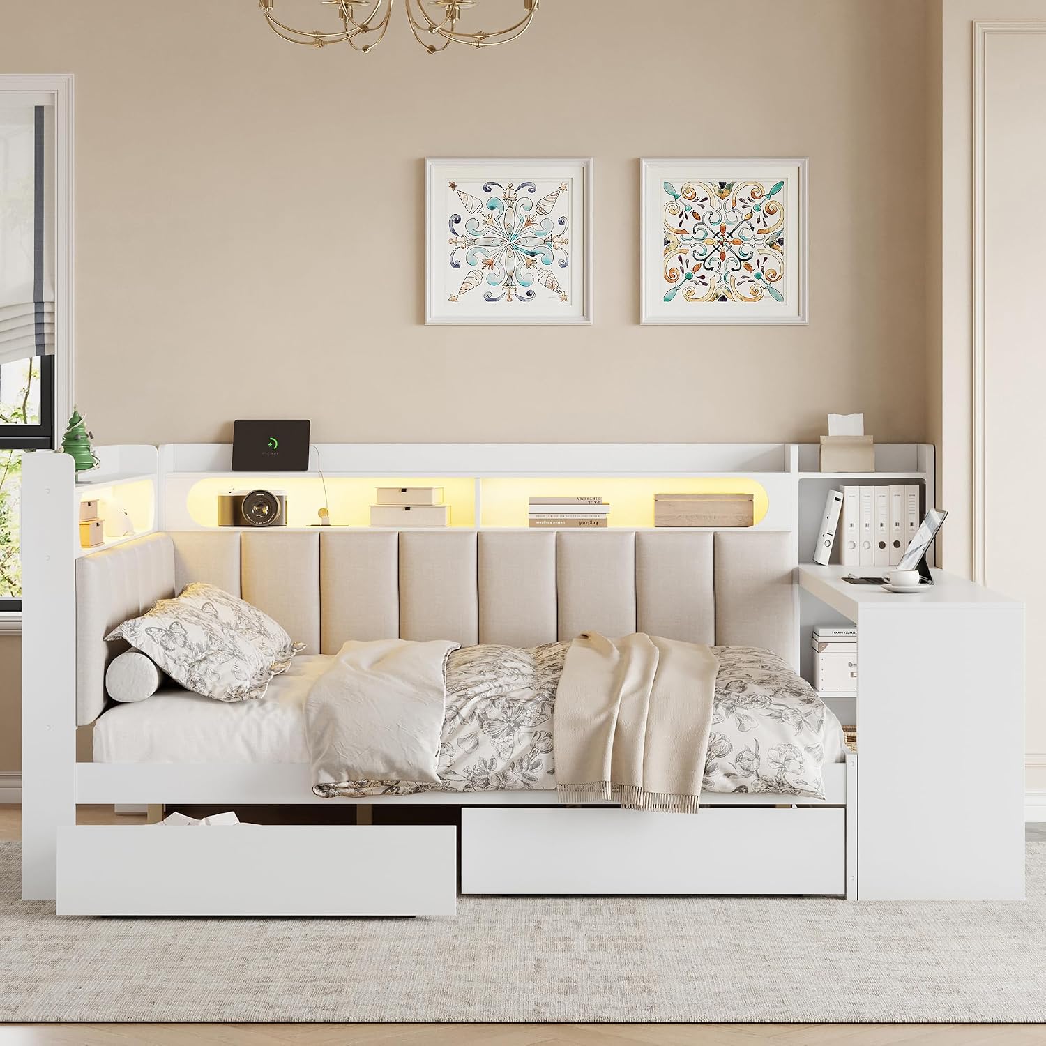 Full Size Corner Bed Frame, Full Size Daybed with Storage Shelves & Storage Drawers, Wood Corner Bed with Charging Station & LED Light, Desk & Upholstered Headboard and Backrest, White