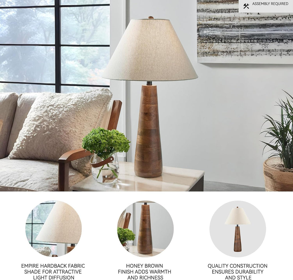 Signature Design by Ashley Danset Casual Contemporary UL Listed Table Lamp with Empire Hardback Fabric Shade and 3-Way Switch, Wood, 30.13' High, Brown