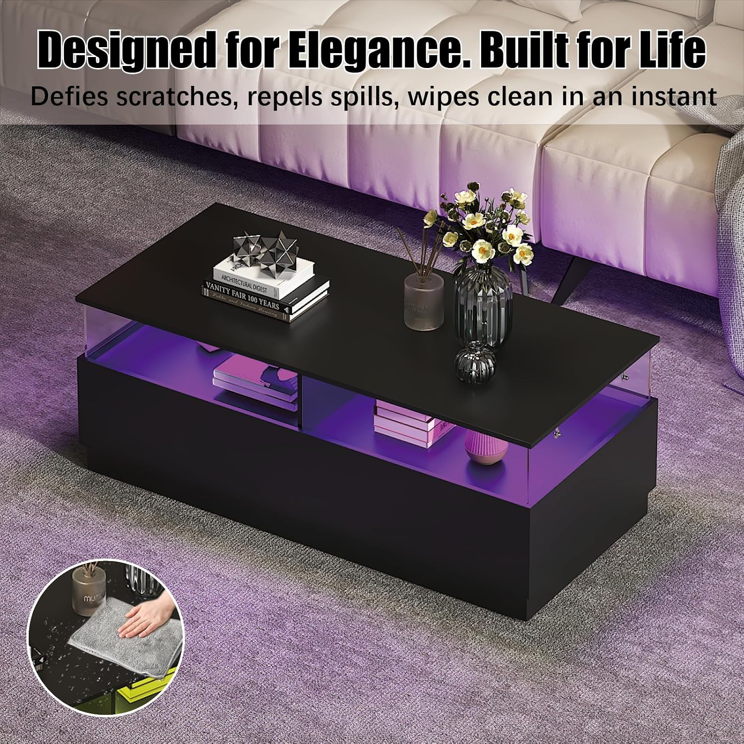 HedoAjim Rectangular Coffee Tables with Storages, Modern Black Coffee Table for Living Room, Rectangular Coffee Tables and 2 Spacious Drawers, Coffee Table with LED Light
