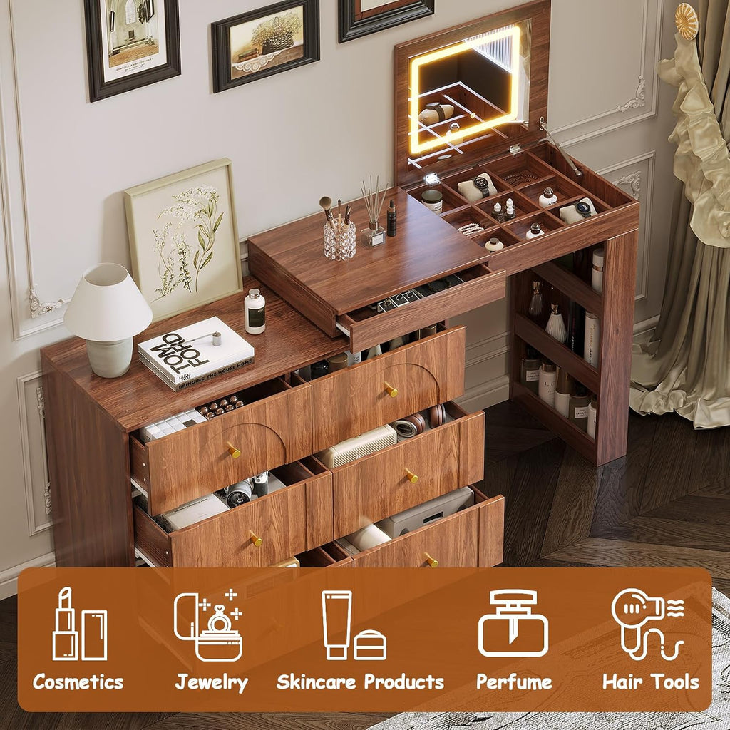 Convertible Brown make up Vanity Desk with Mirror and Lights, Wood Corner Makeup Desk & Large Makeup Table with 7 Storage Drawers / 9 Jewelry Compartments / 3 Shelves / Flip-Top Tabletop (Walnut)