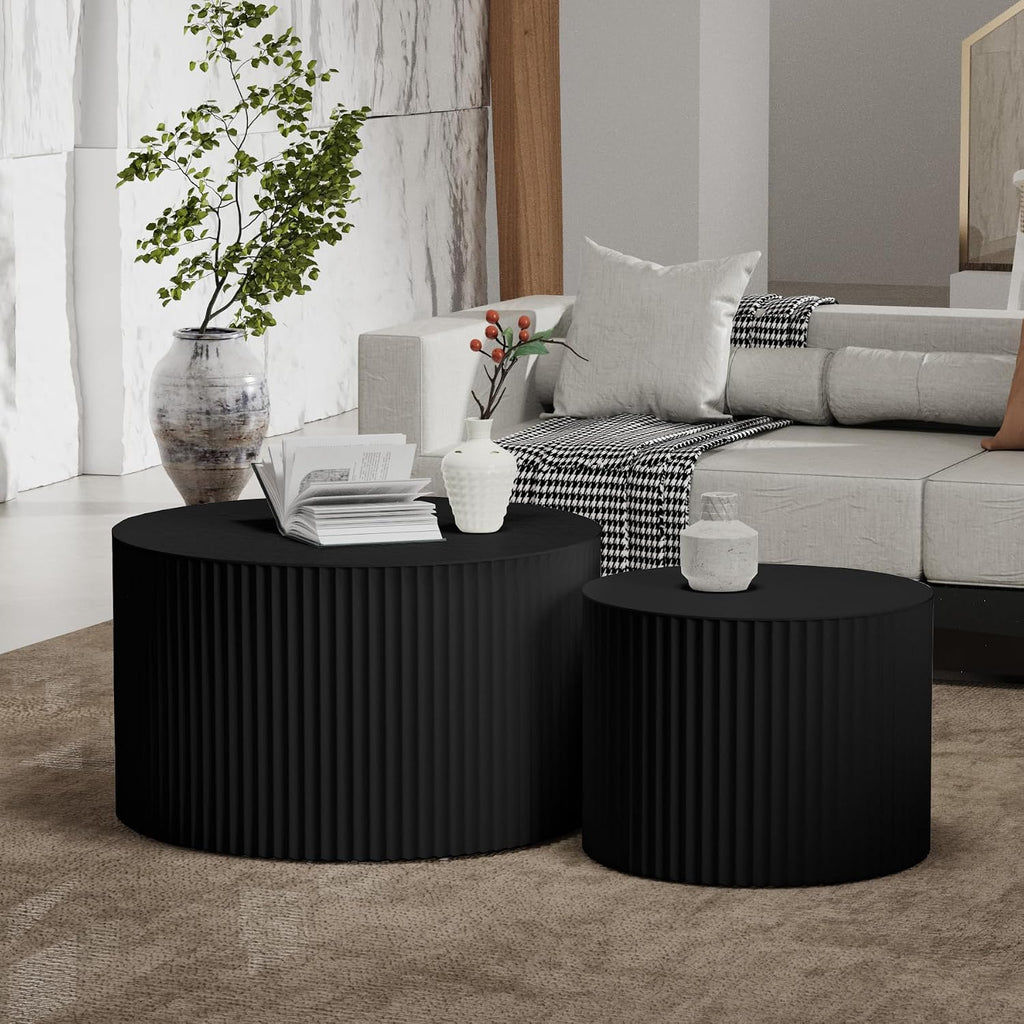 Round Coffee Table Set of 2 Modern Nesting Coffee Tables Wooden Drum Coffee Tables with Non-Slip Feet, Circle Nesting Tables End Table for Living Room Office, No Assembly (Black 27.56'+19.69')