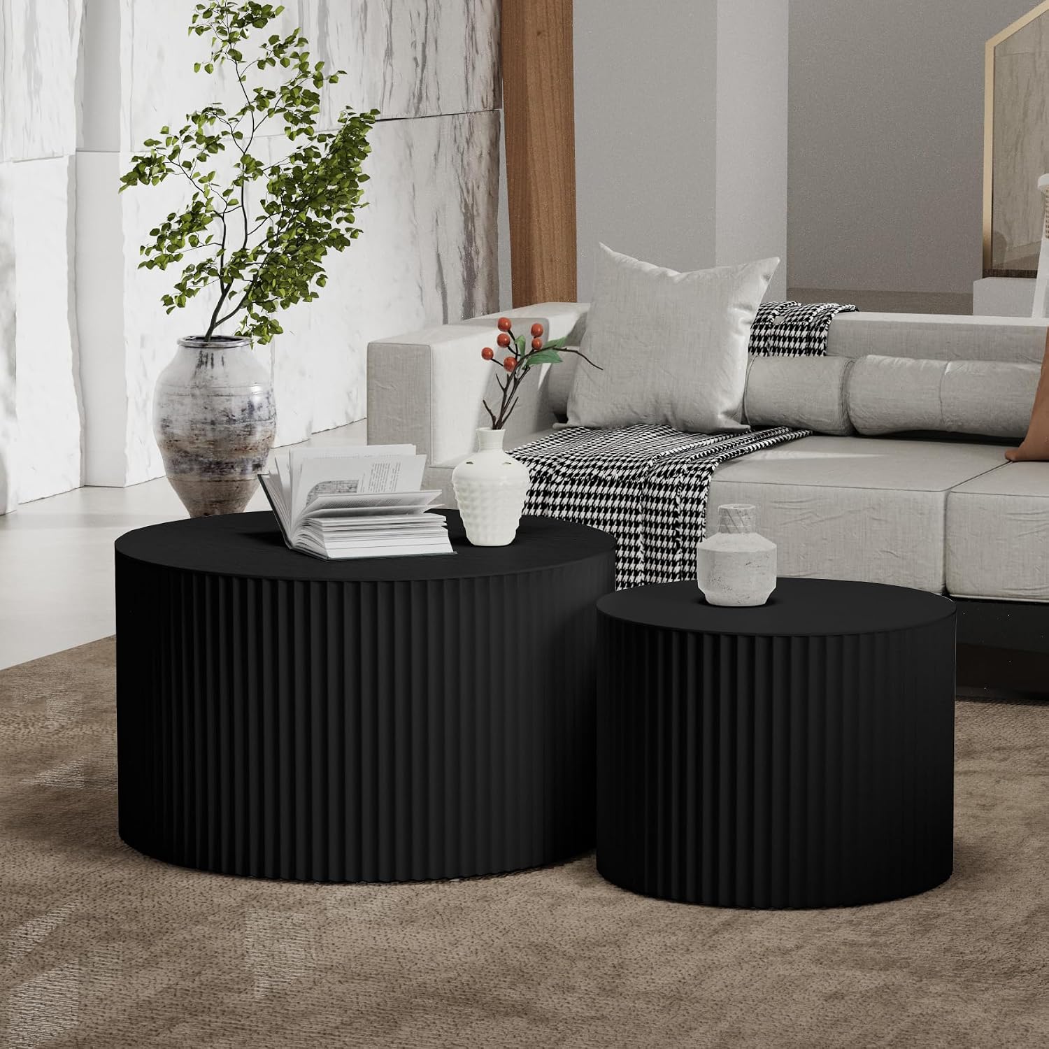 Round Coffee Table Set of 2 Modern Nesting Coffee Tables Wooden Drum Coffee Tables with Non-Slip Feet, Circle Nesting Tables End Table for Living Room Office, No Assembly (Black 27.56'+19.69')