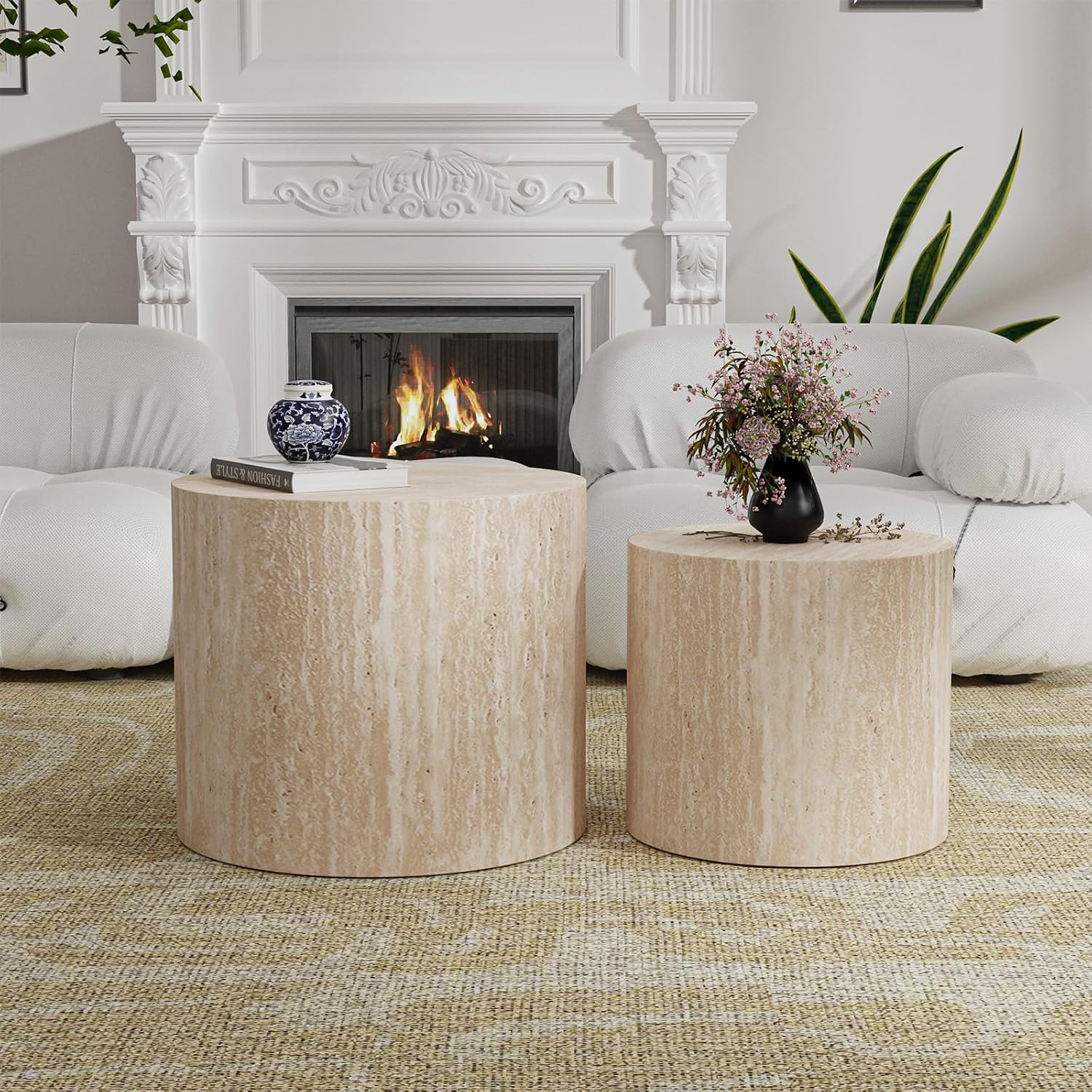 Round Wood Coffee Table Set of 2 Modern Circle Travertine Nesting Coffee Tables Handcrafted Drum End/Side Tables Sets for Living Room for Small Space (Travertine (D18.2+D14.6 inch))