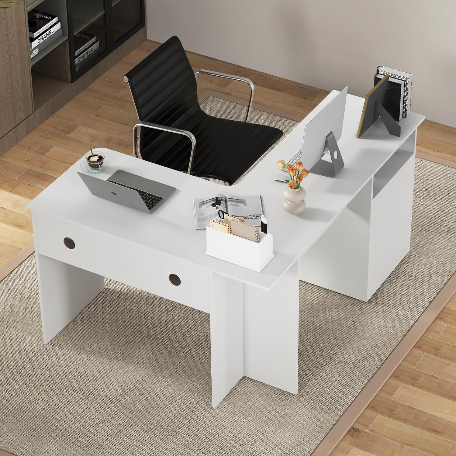 Giantex L Shaped Computer Desk with Drawers, 59' Corner Desk Workstation with Storage Shelf & Cable Holes, Large Executive Office Desk, Modern Study Writing Table for Home Office (White)
