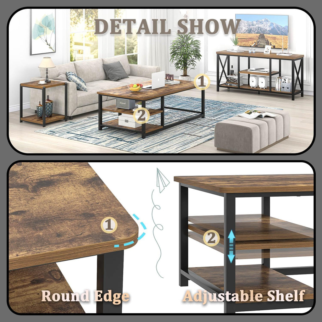 EXCEFUR Modern Coffee Table, Rustic Wood and Metal Living Room Table with Storage Shelf, Industrial Brown, 47 Inch