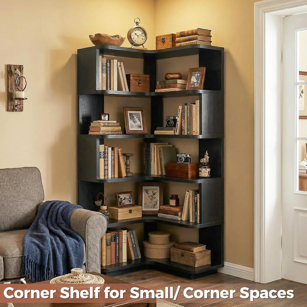 Besiost Corner Book Shelf, 6-Shelf Corner Bookshelf for Small Corner Spaces, L-Shape Bookcase Corner Display Shelf for Home Office, Living Room, Bedroom, Black