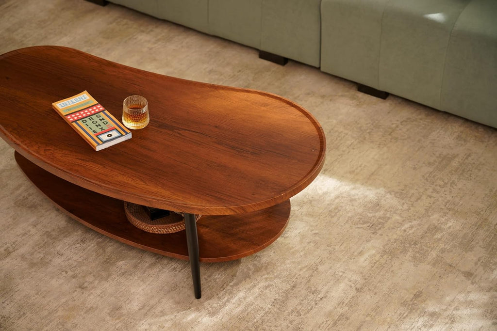 AGV LIGHTING Mango Oval Coffee Table with Storage Shelf, 47' Mid Century Modern Coffee Table for Living Room, Walnut Wood Finish MDF Top with Black Metal Legs
