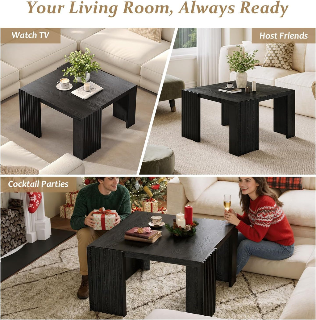 Luoxiao Black Square Fluted Coffee Table for Living Room, Minimalist Modern Accent Center Cocktail Table with 4 Sturdy Legs Wood Living Room Table for Small Space, 27.5-Inch, Easy Assembly