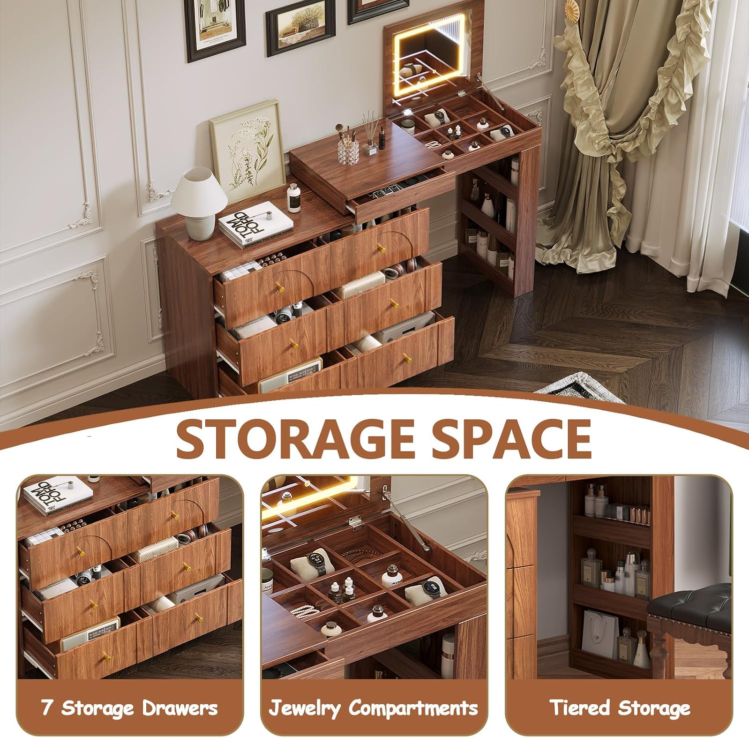 Convertible Brown make up Vanity Desk with Mirror and Lights, Wood Corner Makeup Desk & Large Makeup Table with 7 Storage Drawers / 9 Jewelry Compartments / 3 Shelves / Flip-Top Tabletop (Walnut)