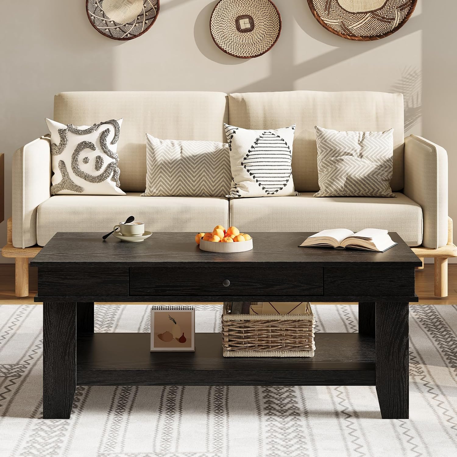 Takywep Rectangular Coffee Table with Drawer and Open Shelf, Long Center Table for Living Room, Rustic Finish, Stable Four Leg Structure, Easy to Clean Surface, Heavy Duty Storage Design, Black