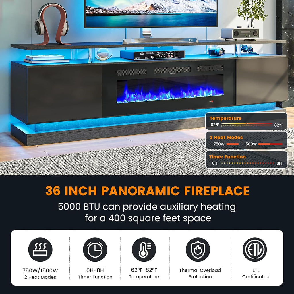 Modern Table Set Includes 70' Fireplace TV Stand & 47' Coffee Table with Charging Station and USB Ports, for Living Room, Black