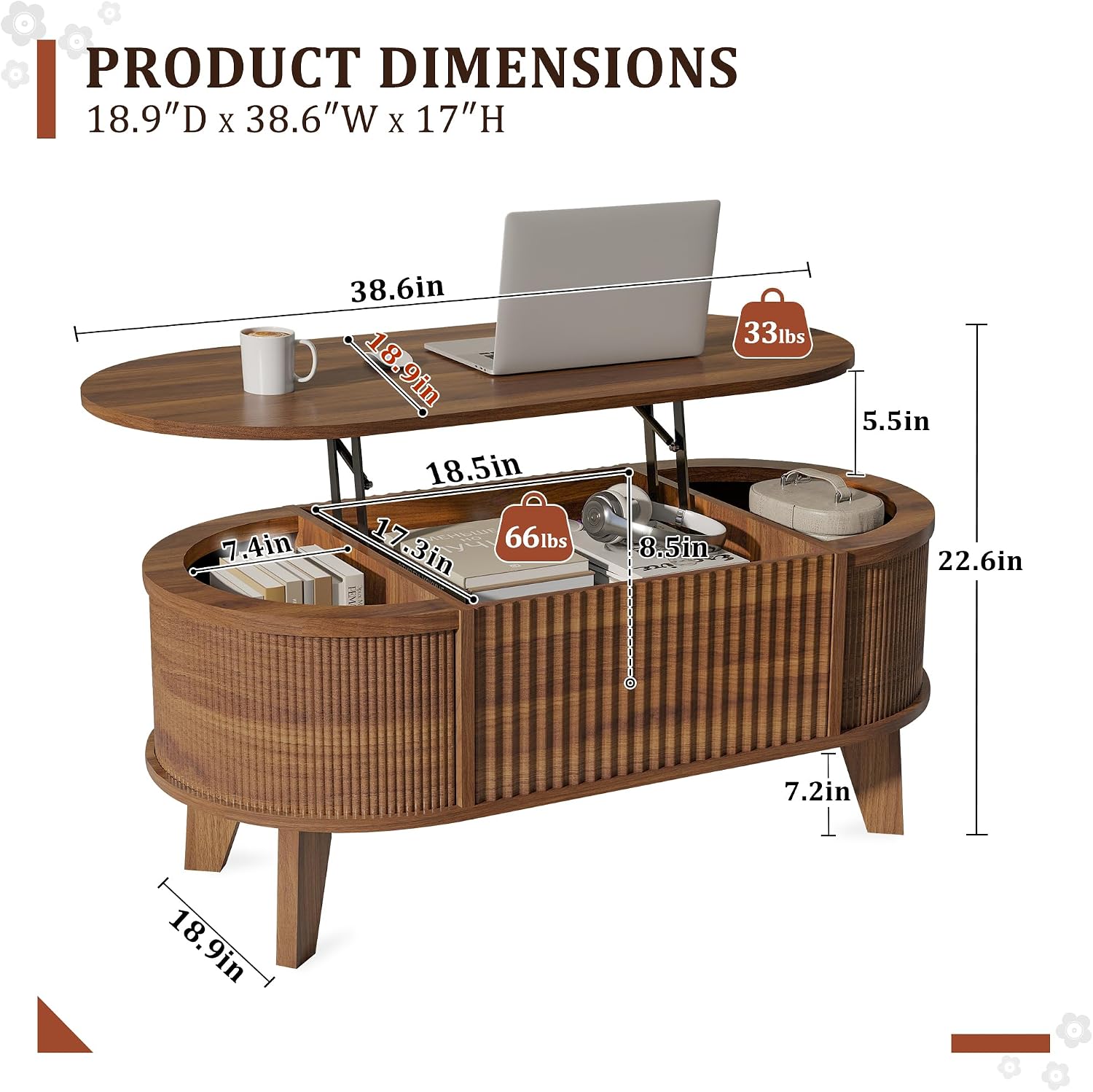 LYNCOHOME Fluted Lift Top Coffee Table with Storage,Modern Oval Coffee Table for Living Room or Home Office（Walnut）