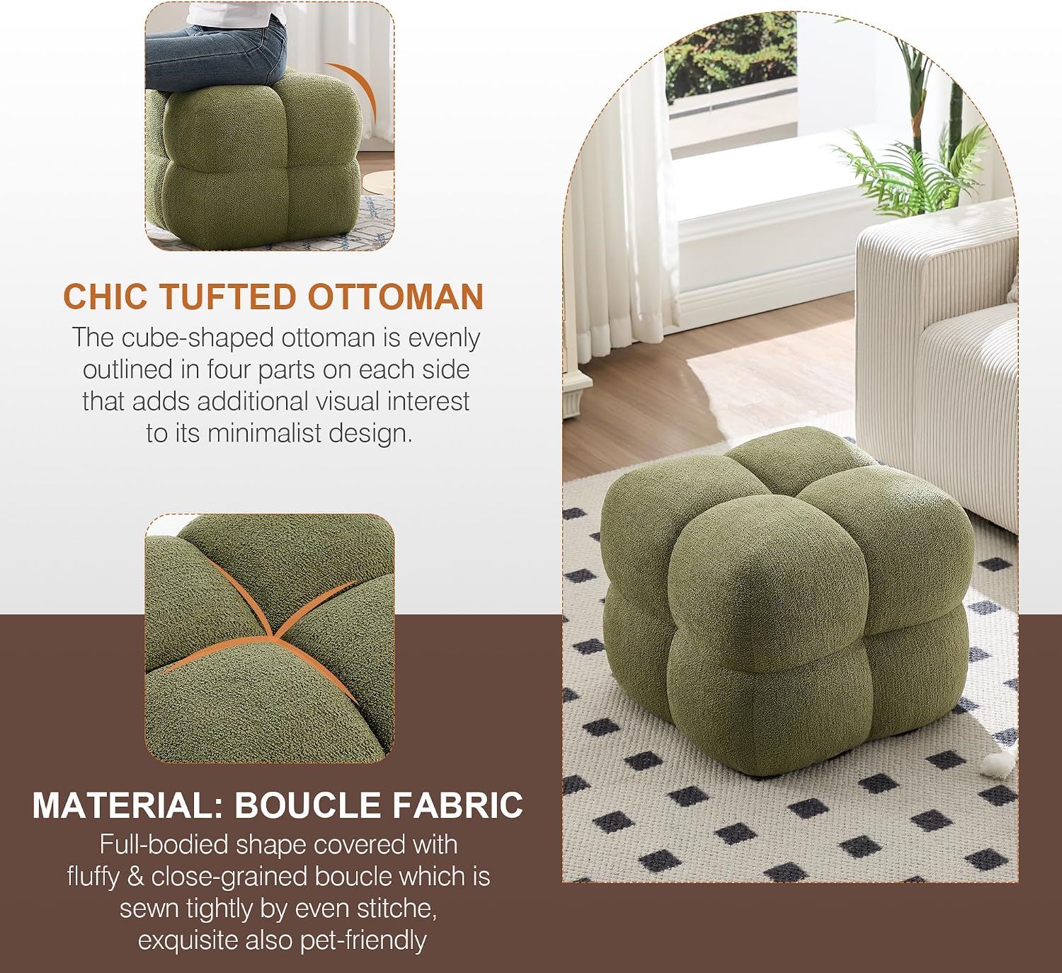 Zesthouse Square Pouf Ottomans Footstool set of 2, Upholstered Poofy Ottoman for Couch Sofa, Modern Ottoman Coffee Table for Living Room, Green Boucle Fabric Stool Foot Rest Cute Vanity Chair Backless