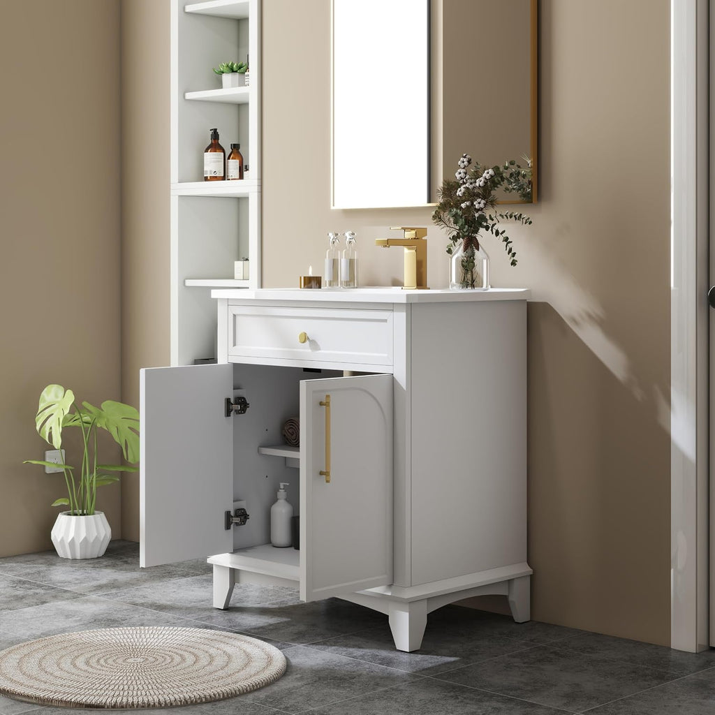 27.8' Bathroom Vanity Sink Combo, White | Integrated Ceramic Sink, Adjustable Shelves, Gold Metal Handles, Solid Wood Base, 19'Dx28.3'Wx34'H