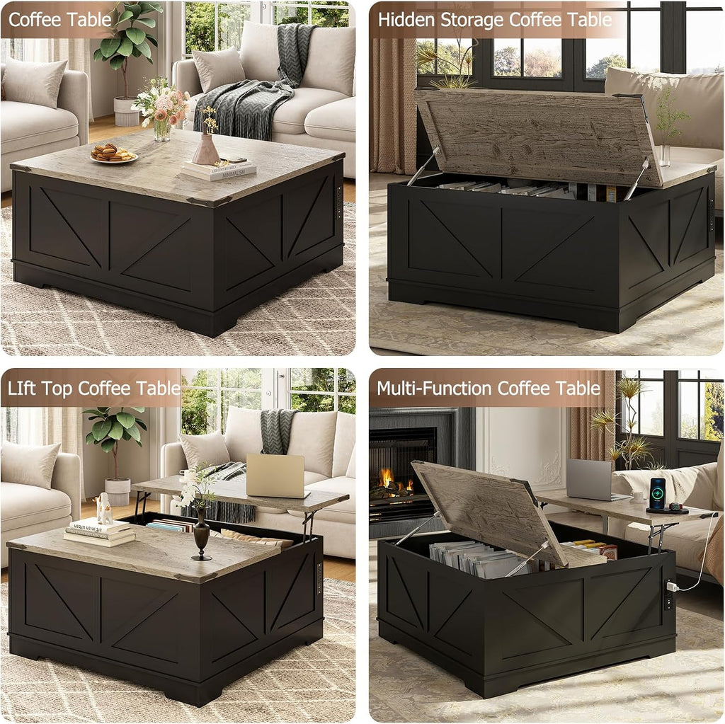 EAG 40' Large Farmhouse Lift Top Coffee Table with Hidden Compartment & Power Outlets, Square Wooden Coffee Table with Multi-Function Flip-Top Ample Storage Center Table for Living Room, Black