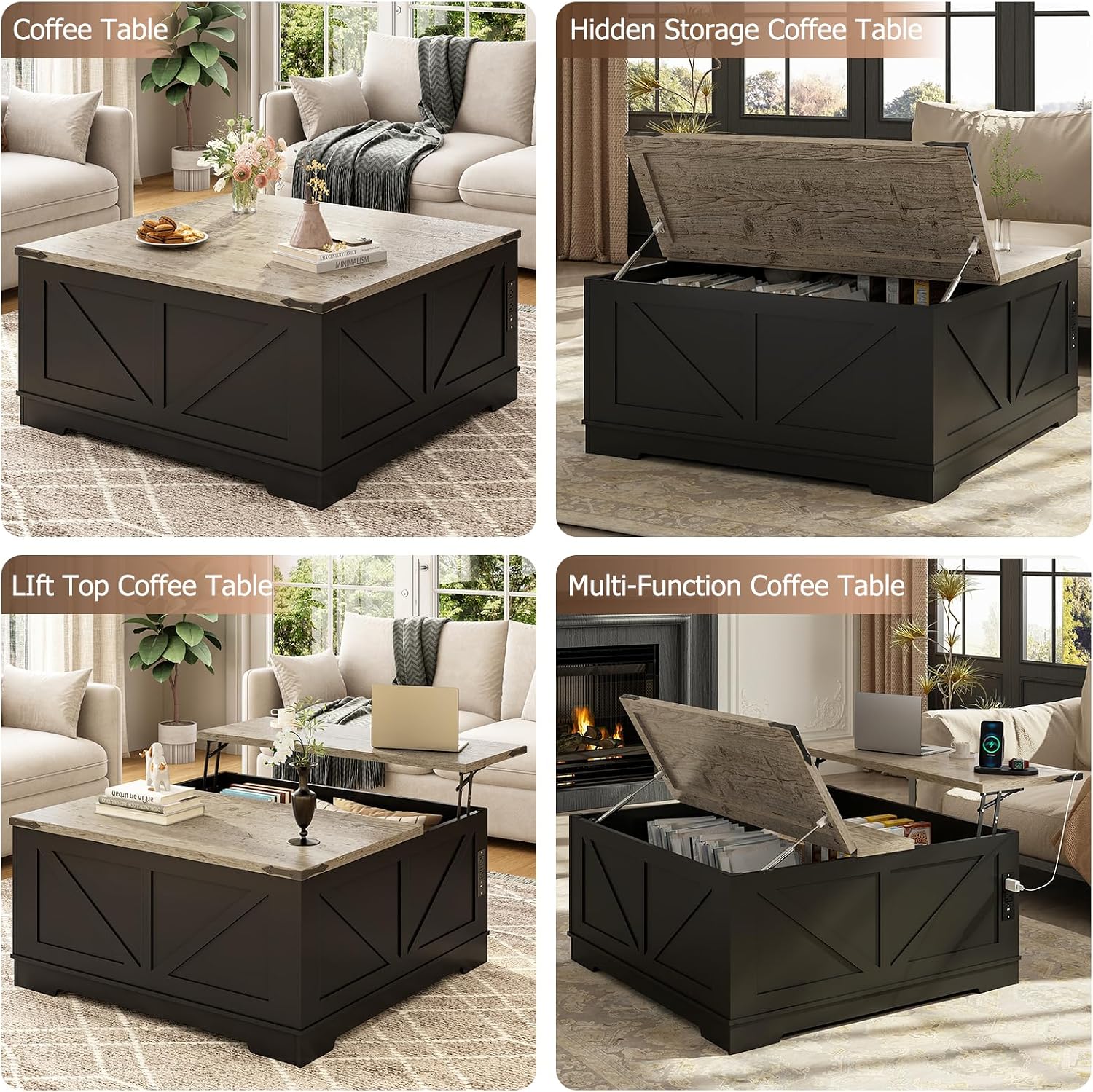 EAG 40' Large Farmhouse Lift Top Coffee Table with Hidden Compartment & Power Outlets, Square Wooden Coffee Table with Multi-Function Flip-Top Ample Storage Center Table for Living Room, Black