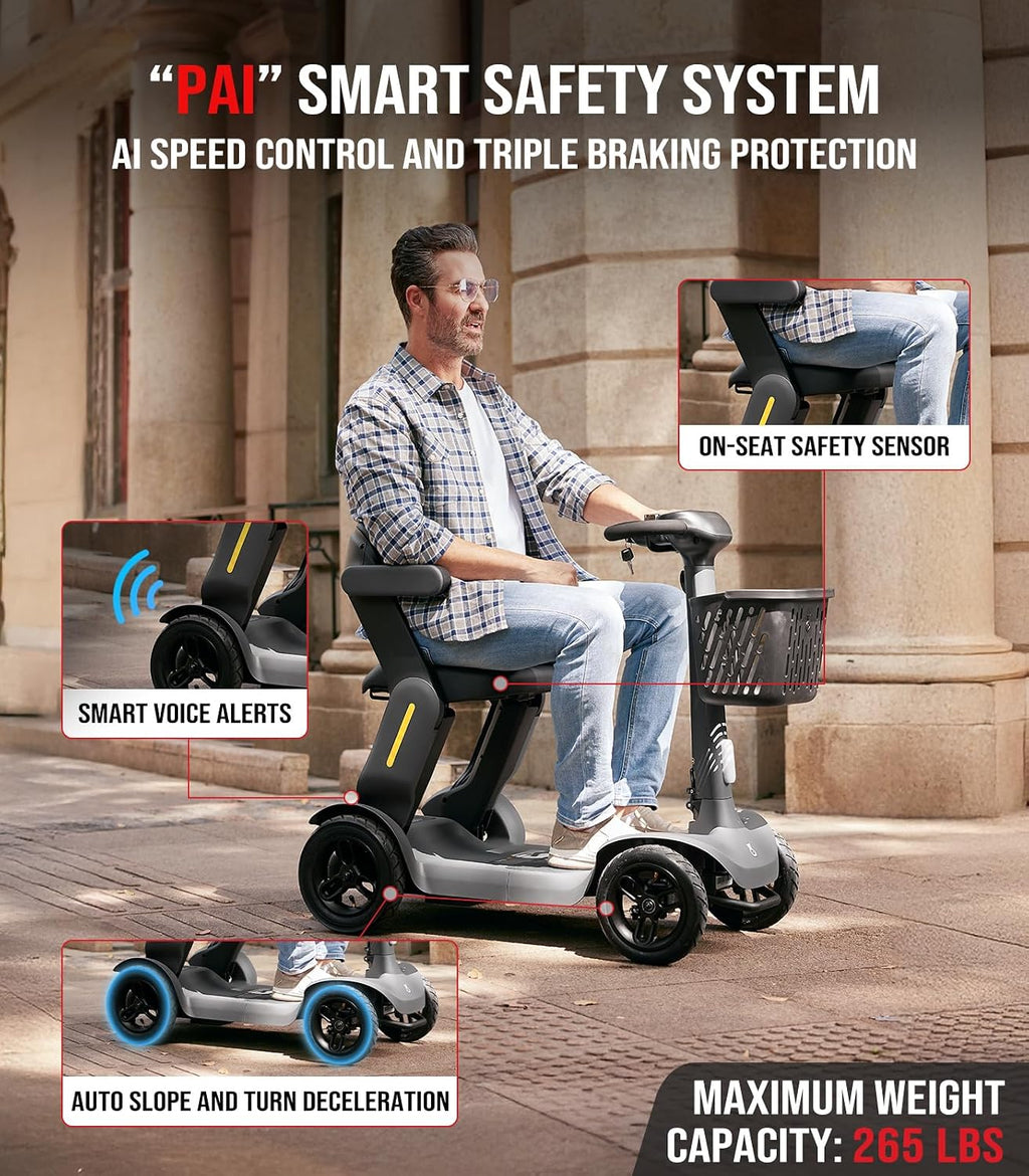 Glashow S3 Folding Mobility Scooter for Seniors & Adults – 4-Wheel All-Terrain Electric Scooter, 25 Mile Range, 6 MPH, 265 lb Capacity, Reverse, LED Lights & Basket – Gray