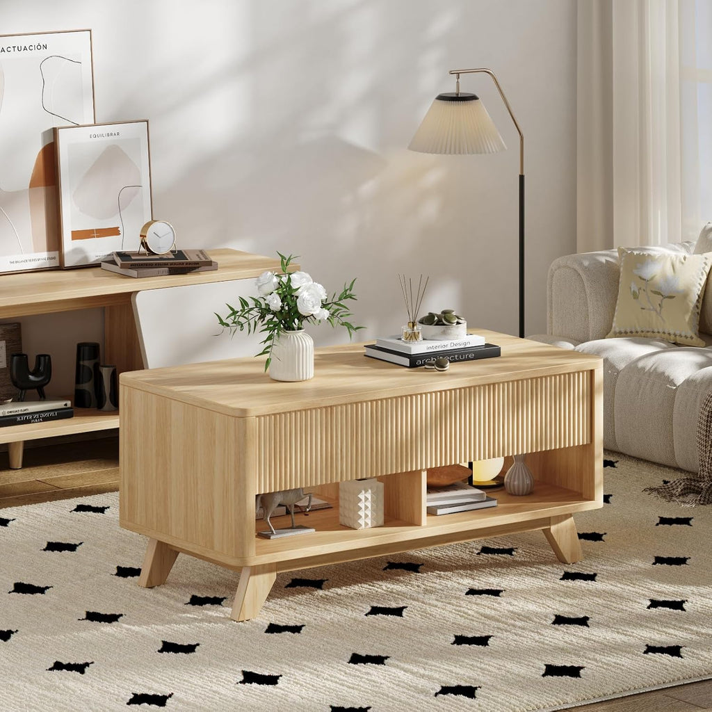 ONBRILL Farmhouse Lift Top Coffee Table, Mid Century Modern Coffee Table with Hidden Storage Compartment, Fluted Rising Pull up Wood Modern Center for Living Room, Office, Natural