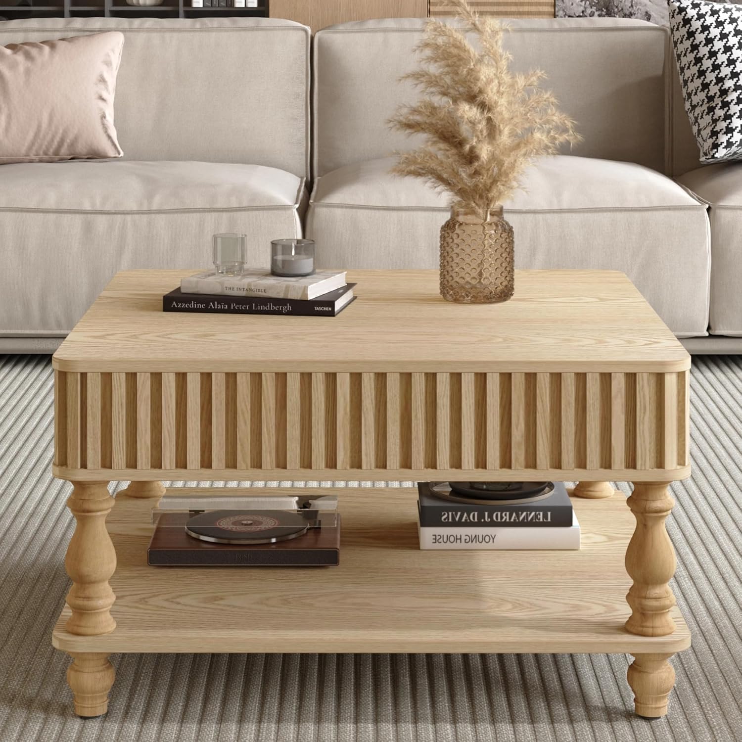 31.50' Square Fluted Lift-Top Coffee Table with Hidden & Open Storage, Modern Center Table with Hydraulic Raising Mechanism, Retro Tea Table with Solid Wood Legs for Living Room Apartment, Natural