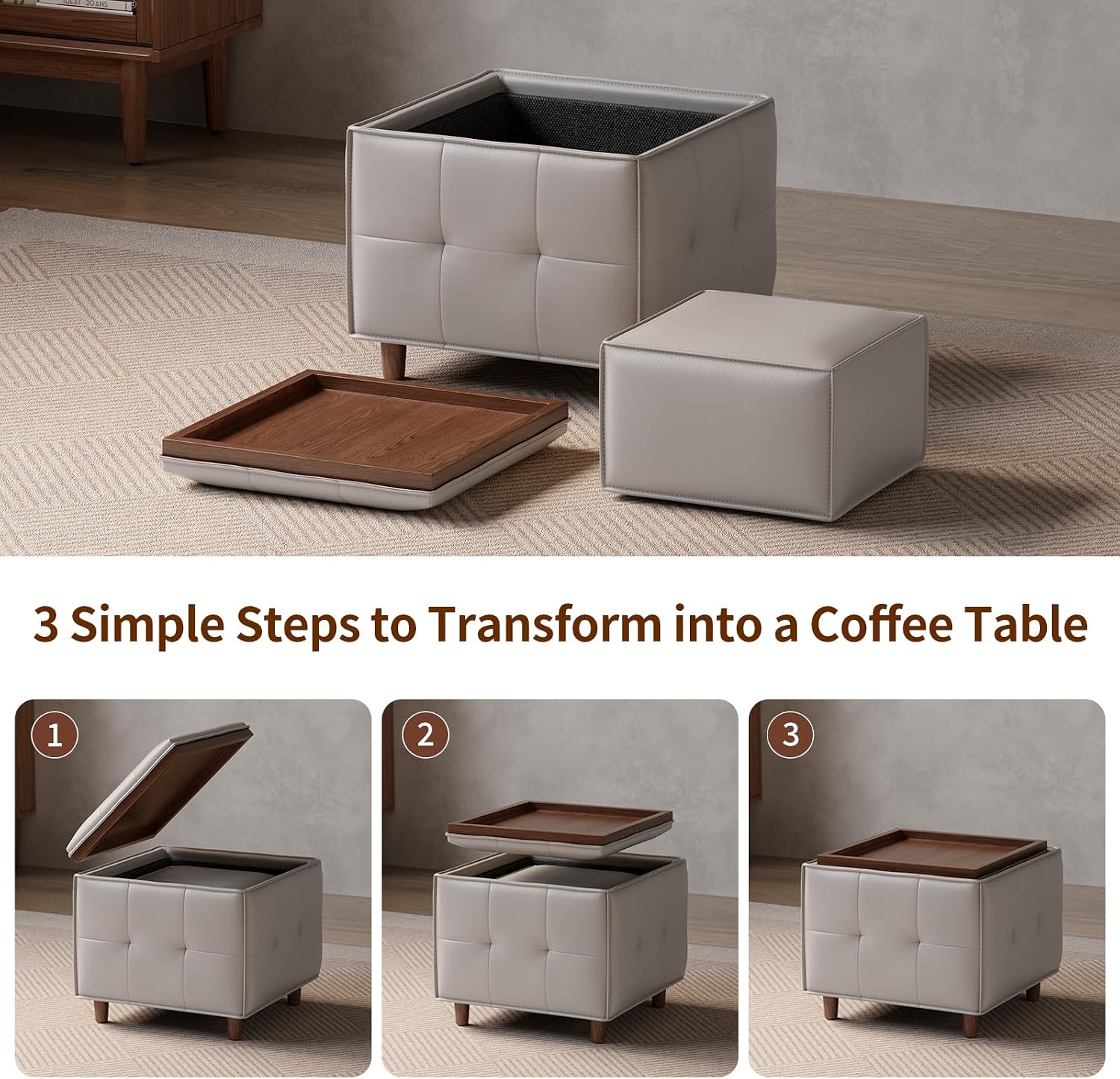 Square Ottoman with Storage Set of 2, Leather Coffee Table Ottoman, Multifunctional Foot Rest Stool with Storage for Living Room & Bedroom