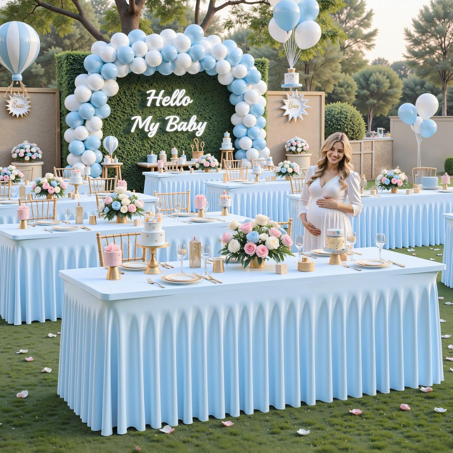 6 Pack Blue Spandex Fitted Tablecloth 8 Foot - Stretch Table Clothes for 8 FT Rectangle Table, Washable Ruffles Elastic for Weddings, Buffet, Banquet, Trade Craft Show, Party Celebration