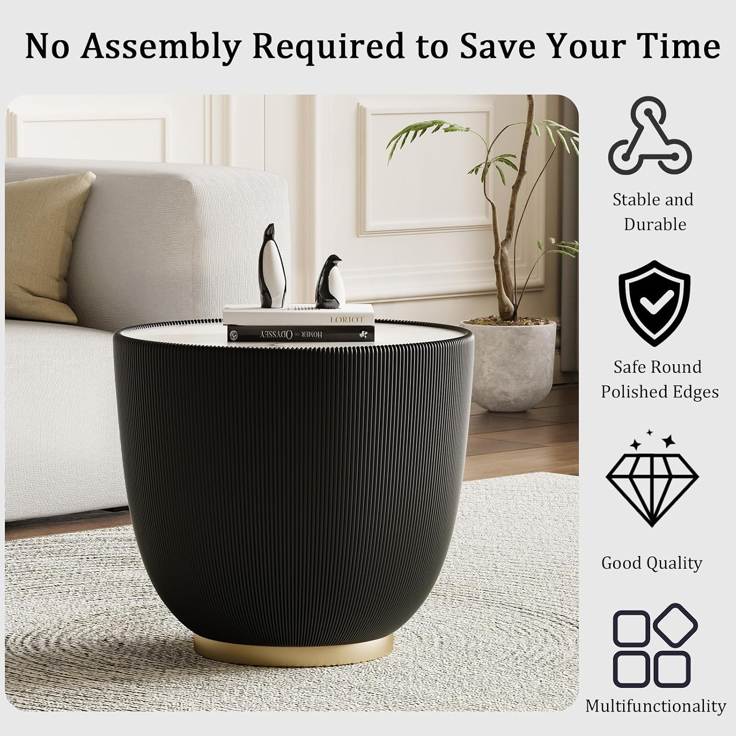 Round Coffee Table Set with Sintered Stone Tabletop, 27.56' White Drum Center Table and 19.69' Black Coffee Table Set, 2 Pieces Living Room Table Set with Fluted PU Leather Cover& Metal Base