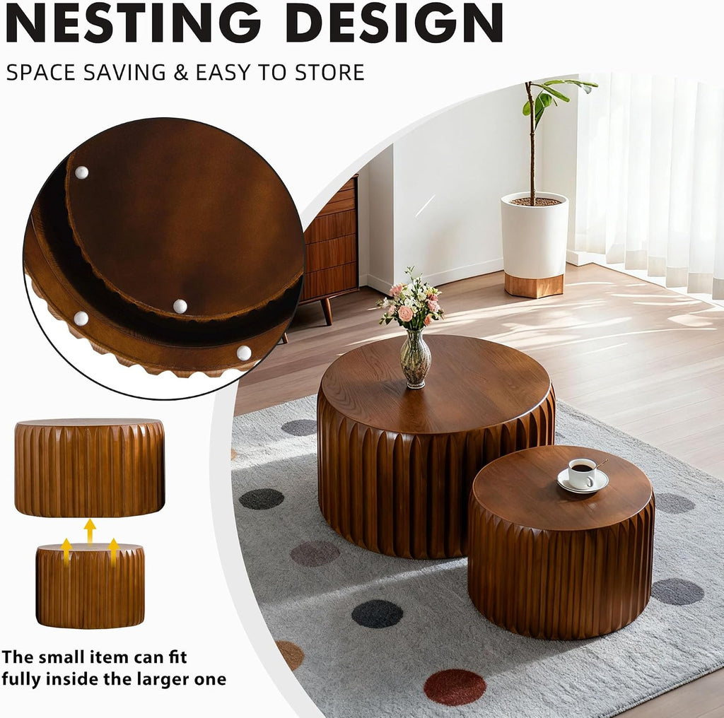 Round Nesting Coffee Table Set of 2, Mid Century Modern Wood Fluted Coffee Table, Drum Circle Coffee Tables for Living Room, No-Assembly Center Table End Side Table for Home, Office