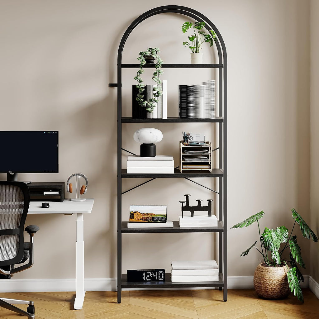 Takywep Bookshelf, Arched Bookcase with Metal Frame 5 Tiers Bookshelf Industrial Arched Cabinet Display Shelf Floorstanding Storage Shelving Unit for Bedroom, Living Room and Home Office, Black