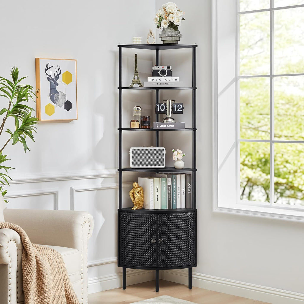 Corner Book Shelf Organizer, Black Bookshelf with Doors, Tall Bookshelf Organizer, 5 Shelf Bookcase Shelf, Metal Book Shelf for Bedroom,Bathroom,Living Room,Kitchen - Black