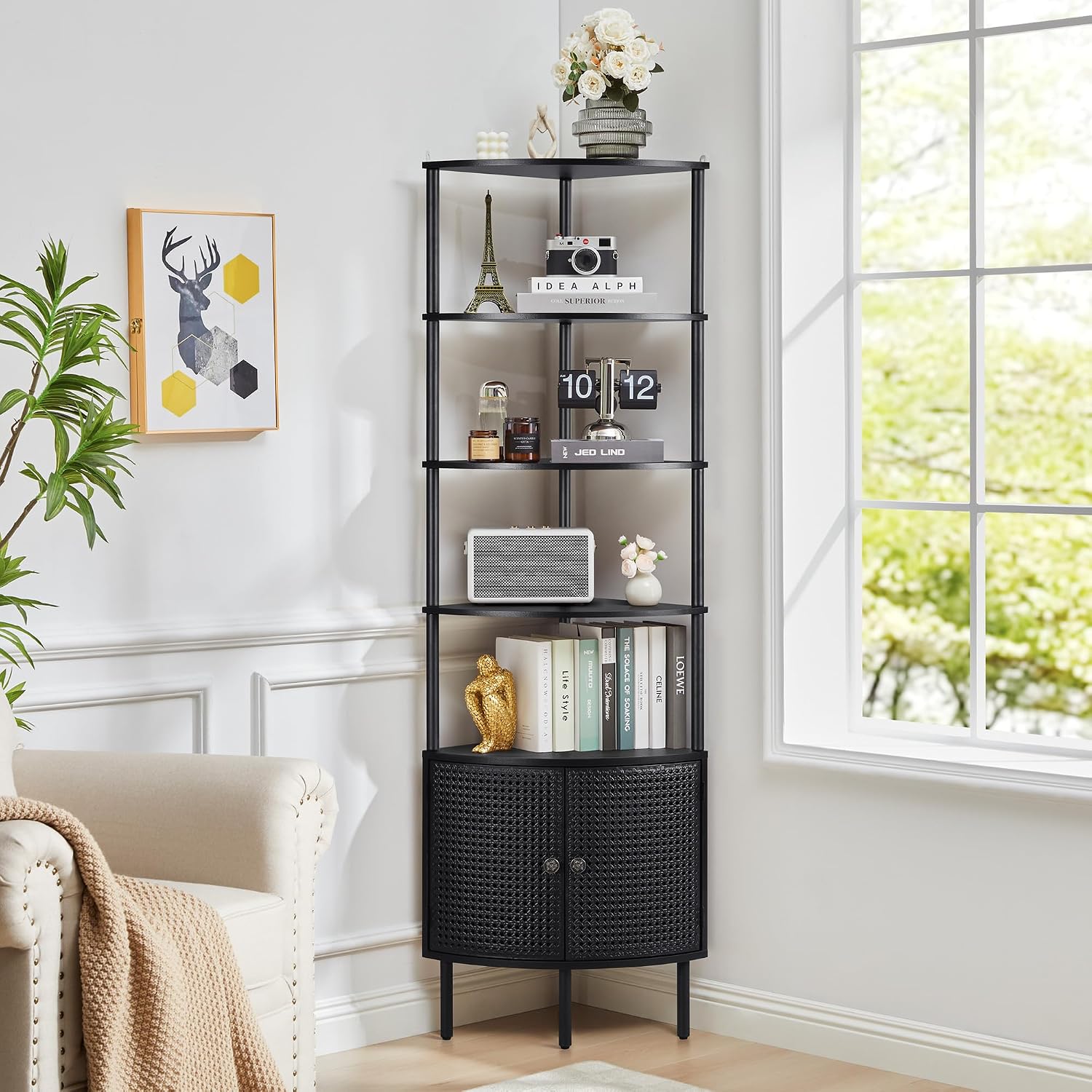 Corner Book Shelf Organizer, Black Bookshelf with Doors, Tall Bookshelf Organizer, 5 Shelf Bookcase Shelf, Metal Book Shelf for Bedroom,Bathroom,Living Room,Kitchen - Black