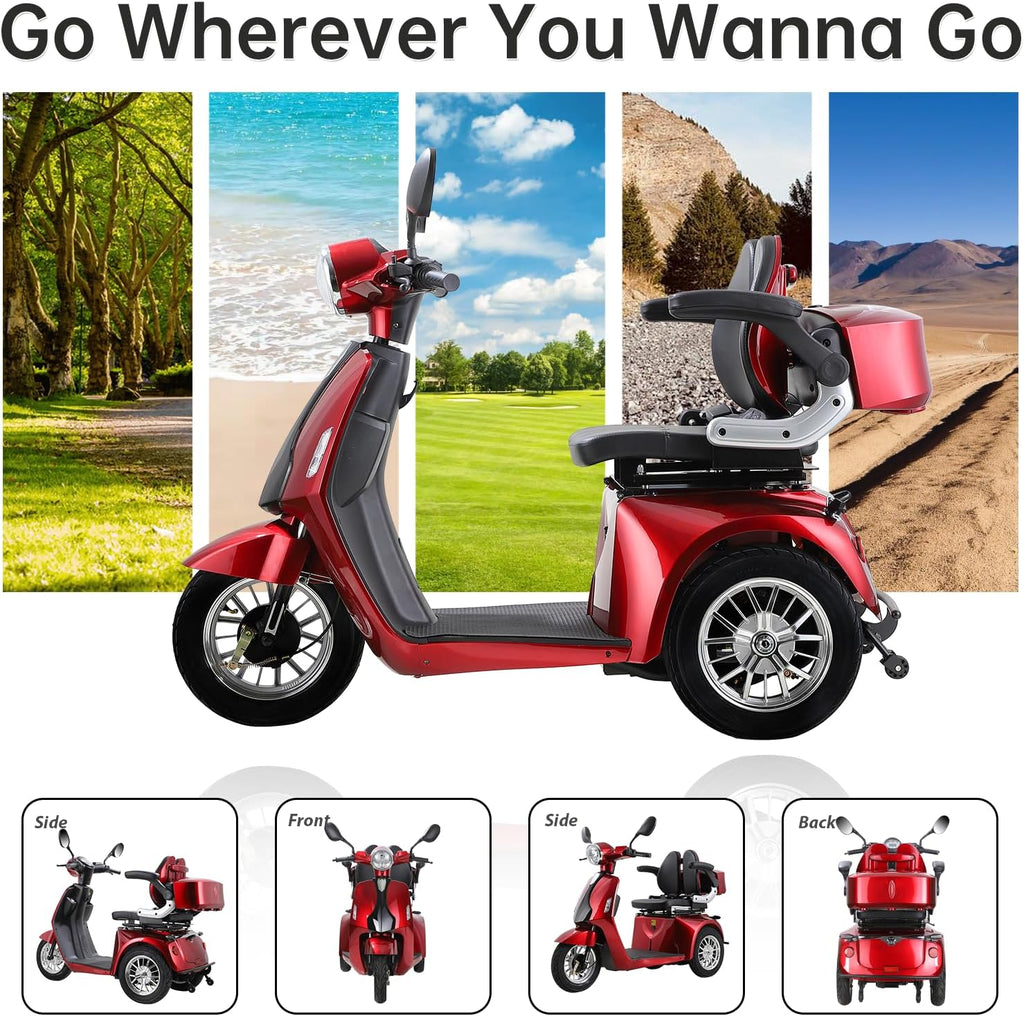 Heavy Duty Mobility Scooters for Seniors & Adults, Electric 3 Wheel Scooter for All Terrain, 800W Powered Disability Scooters for Outdoor Travel with Full Set Lights (Red)