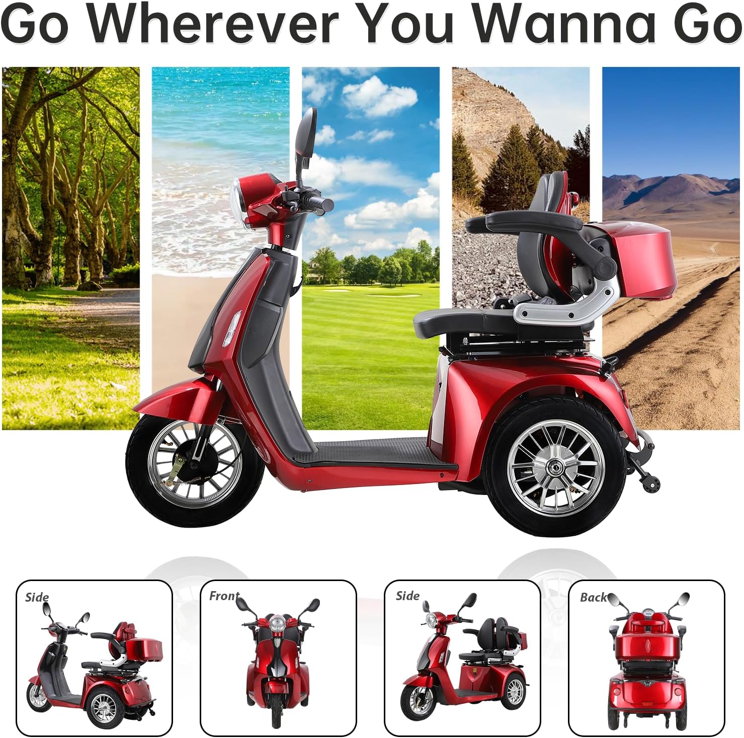 Heavy Duty Mobility Scooters for Seniors & Adults, Electric 3 Wheel Scooter for All Terrain, 800W Powered Disability Scooters for Outdoor Travel with Full Set Lights (Red)