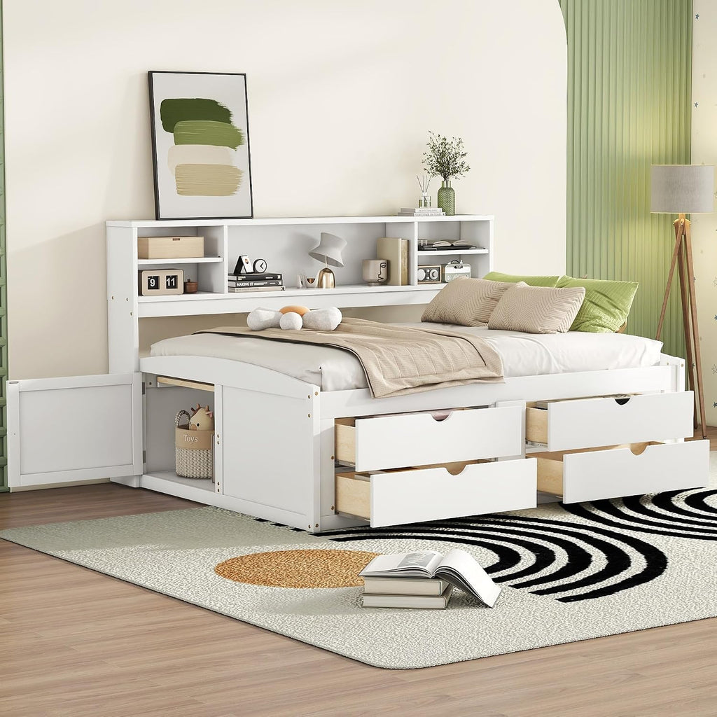 SOFTSEA Full Size Daybed with Storage Drawers, Wood Corner Bed Full with Bookcase Headboard, Wooden Captains Bed with Storage Cabinets for Kids Teens Adults, White