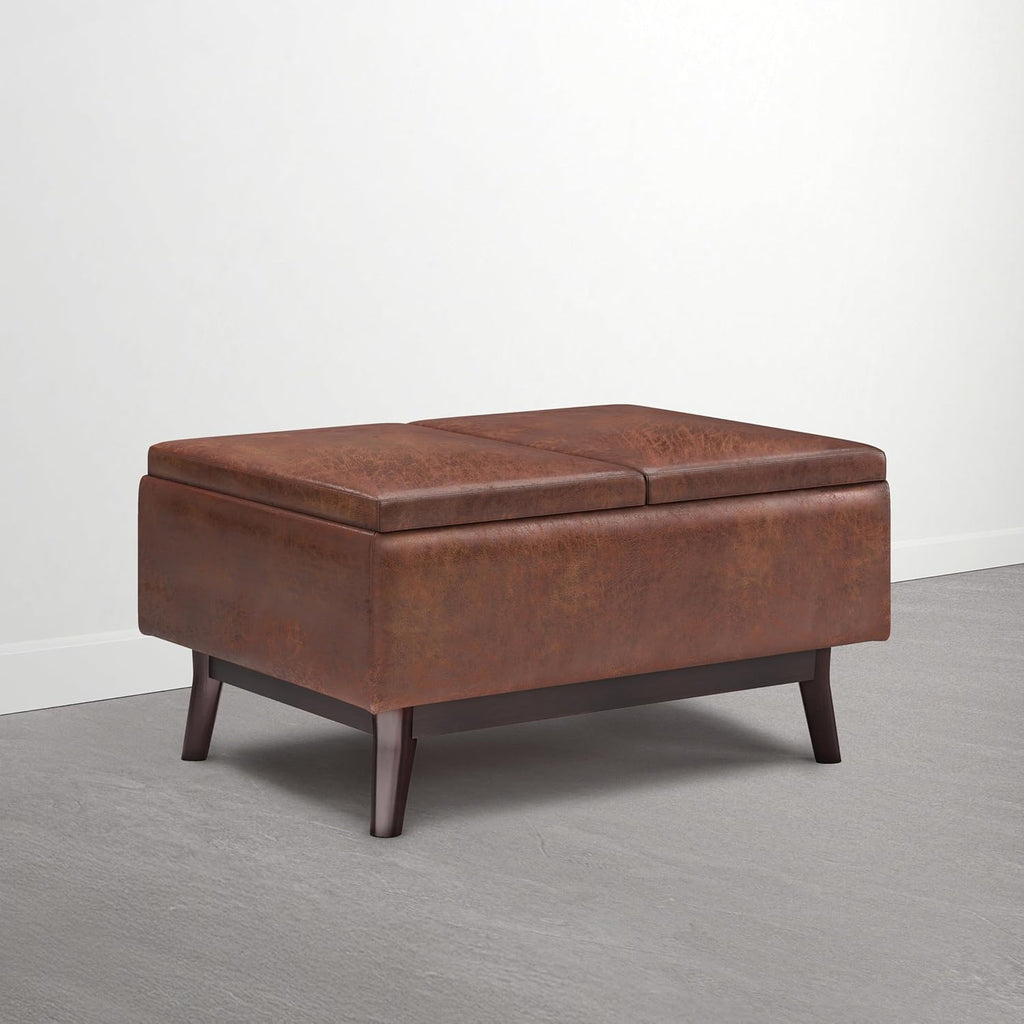 SIMPLIHOME Owen Small Coffee Table Storage Ottoman - 34 inch Wide Upholstered Vegan Leather Rectangle Ottoman in Distressed Pecan Brown, Mid-Century Modern Ottoman for Entryway with Serving Trays